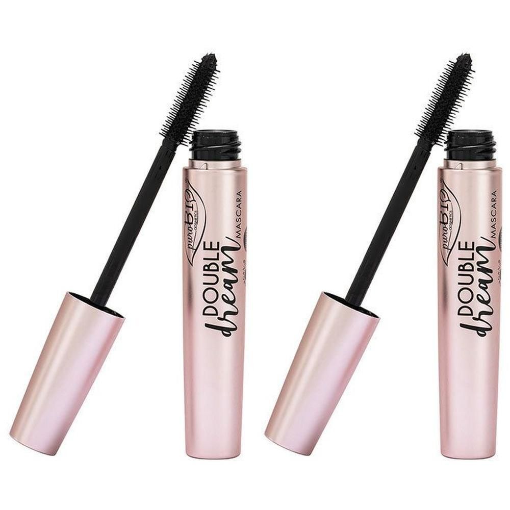 Deux mascaras noirs avec brosse et boîtier rose. Inscription : Double Dream, Mascara, puroBIO.