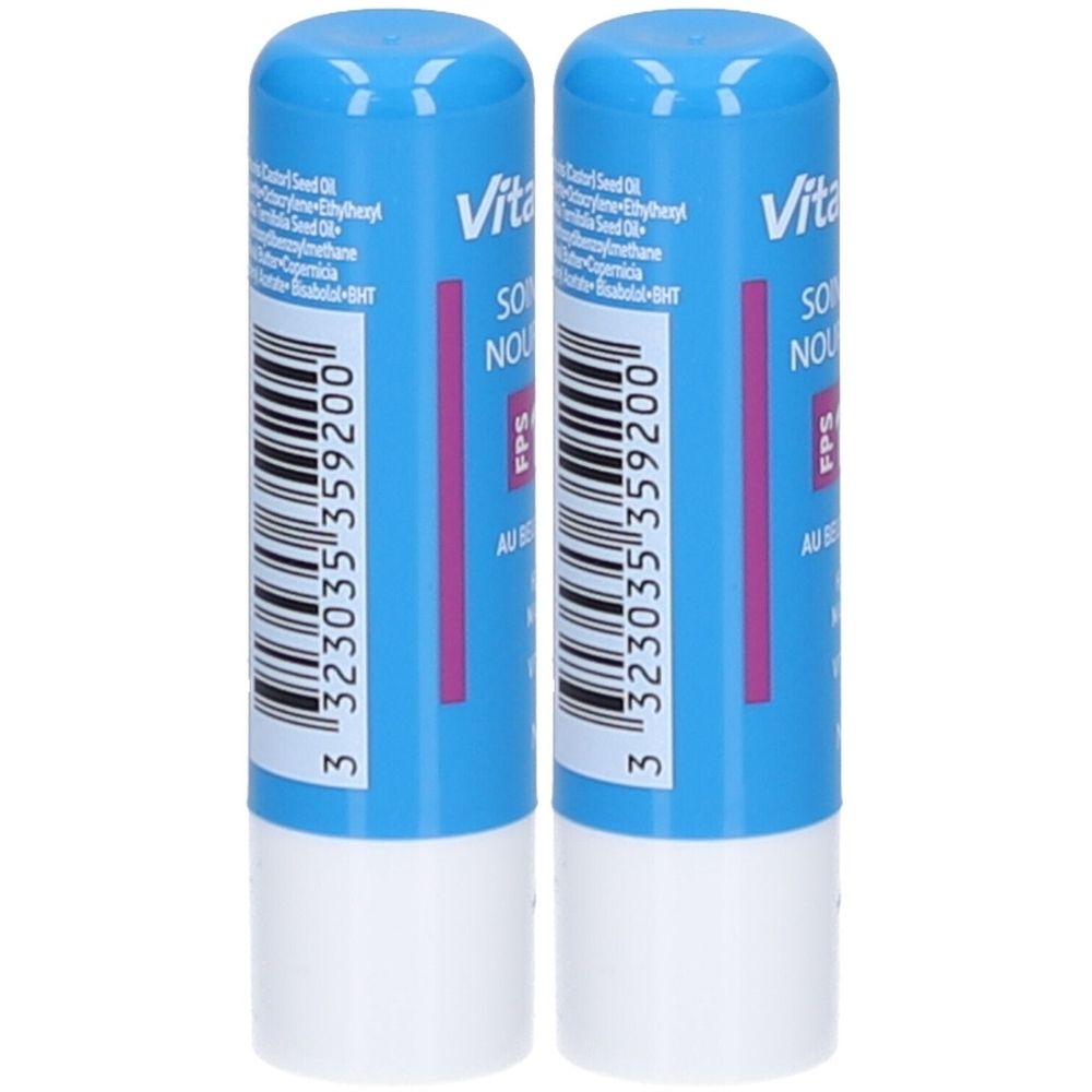 Deux sticks à lèvres bleus avec extrémité blanche. Inscription Vita, SOIN, FPS. Code-barres et ingrédients visibles.