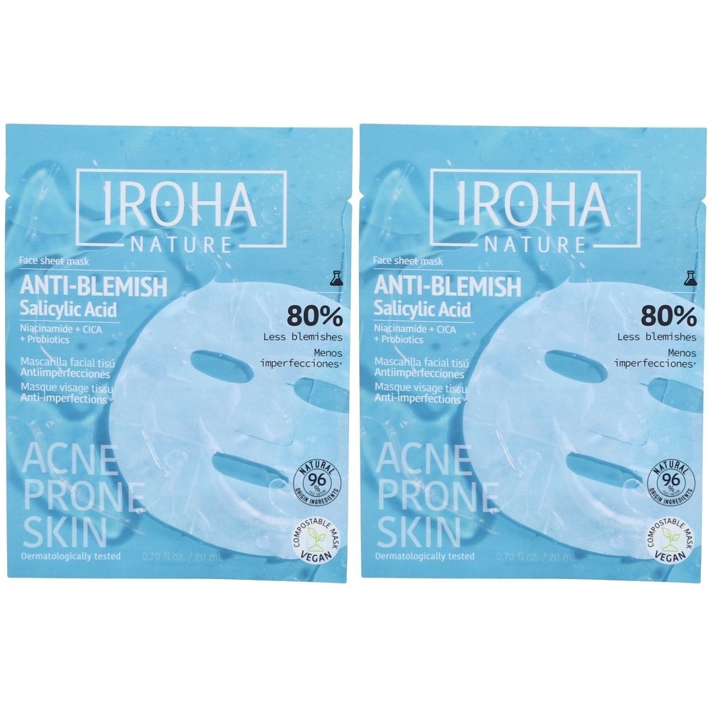 Zwei IROHA Anti-Imperfect Tissue Gesichtsmasken für zu Akne neigende Haut mit Salicylsäure.