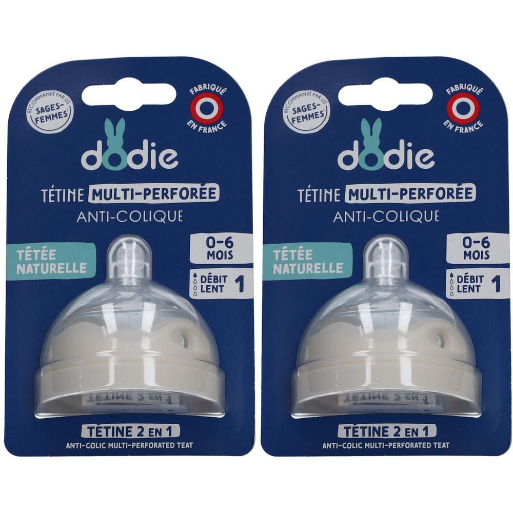 Deux tétines Dodie Multi-Perforée anti-colique sur emballage. Pour bébés de 0-6 mois. Fabriqué en France. Tétine 2 en 1.
