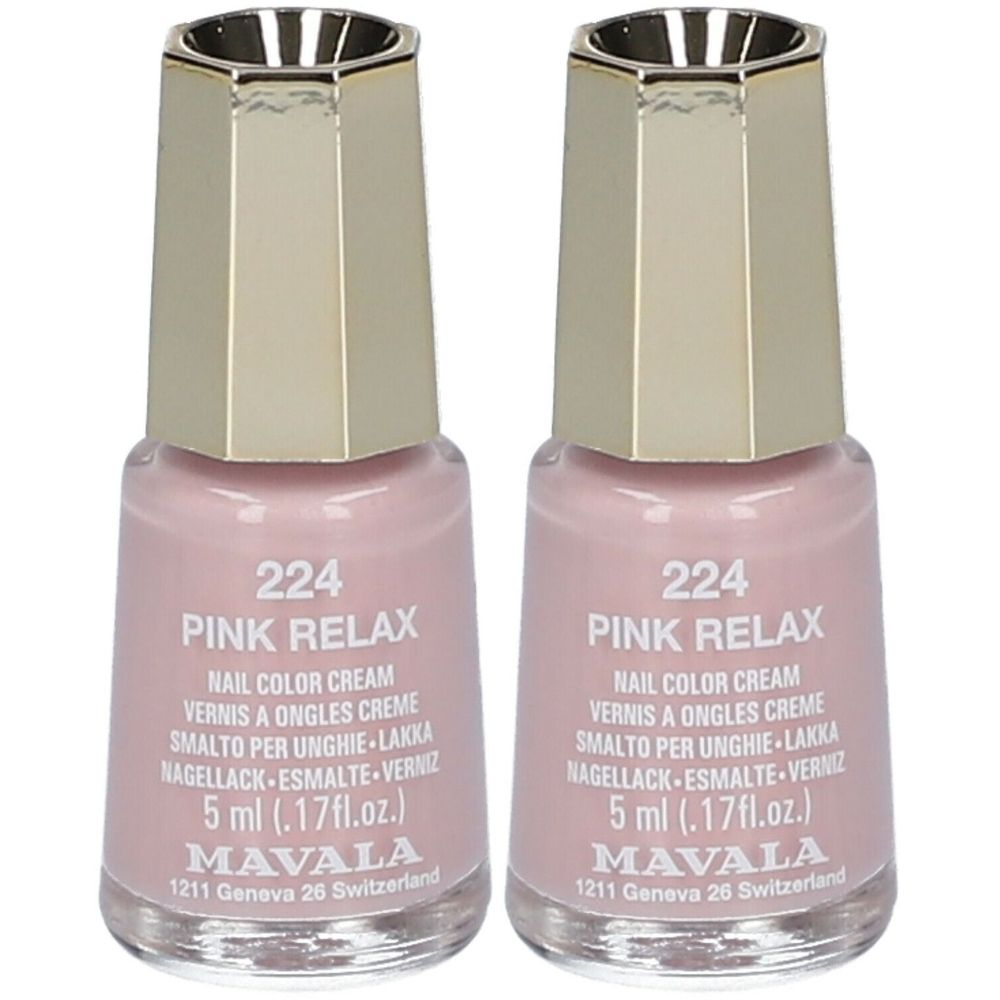 Deux flacons de vernis à ongles roses. Bouchon doré. Inscription : 224 Pink Relax, Nail Color Cream, MAVALA.