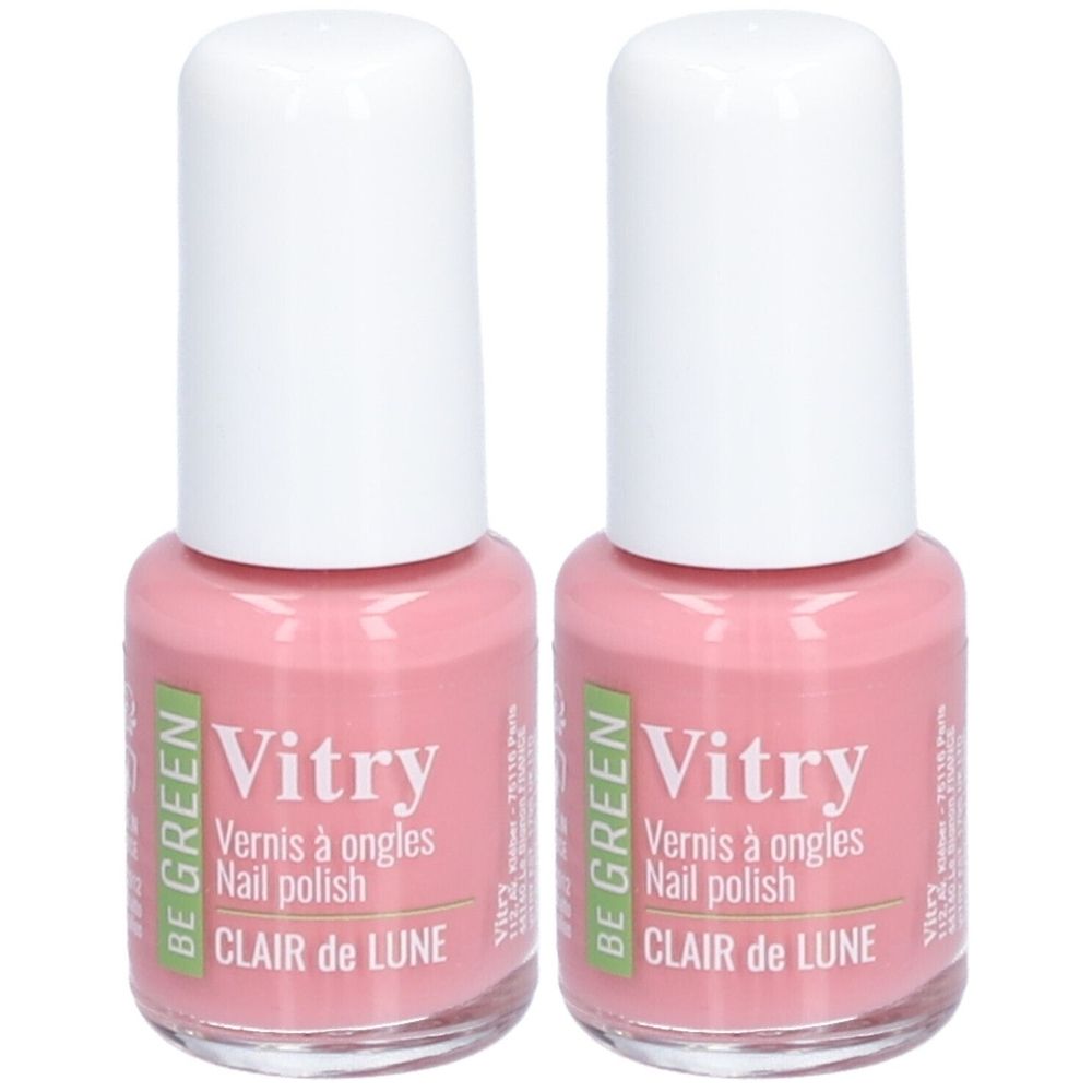 Zwei Flaschen Nagellack. Rosa Flüssigkeit in Glasflaschen mit weißen Deckeln. Aufschrift: Vitry, Clair de Lune.