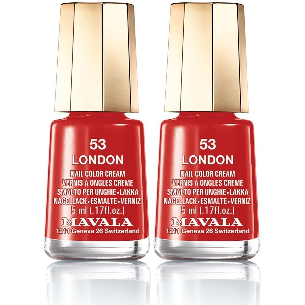 Deux flacons de vernis à ongles rouges. Inscription : 53 London, Nail Color Cream, 5 ml. Marque : MAVALA. Bouchon doré.