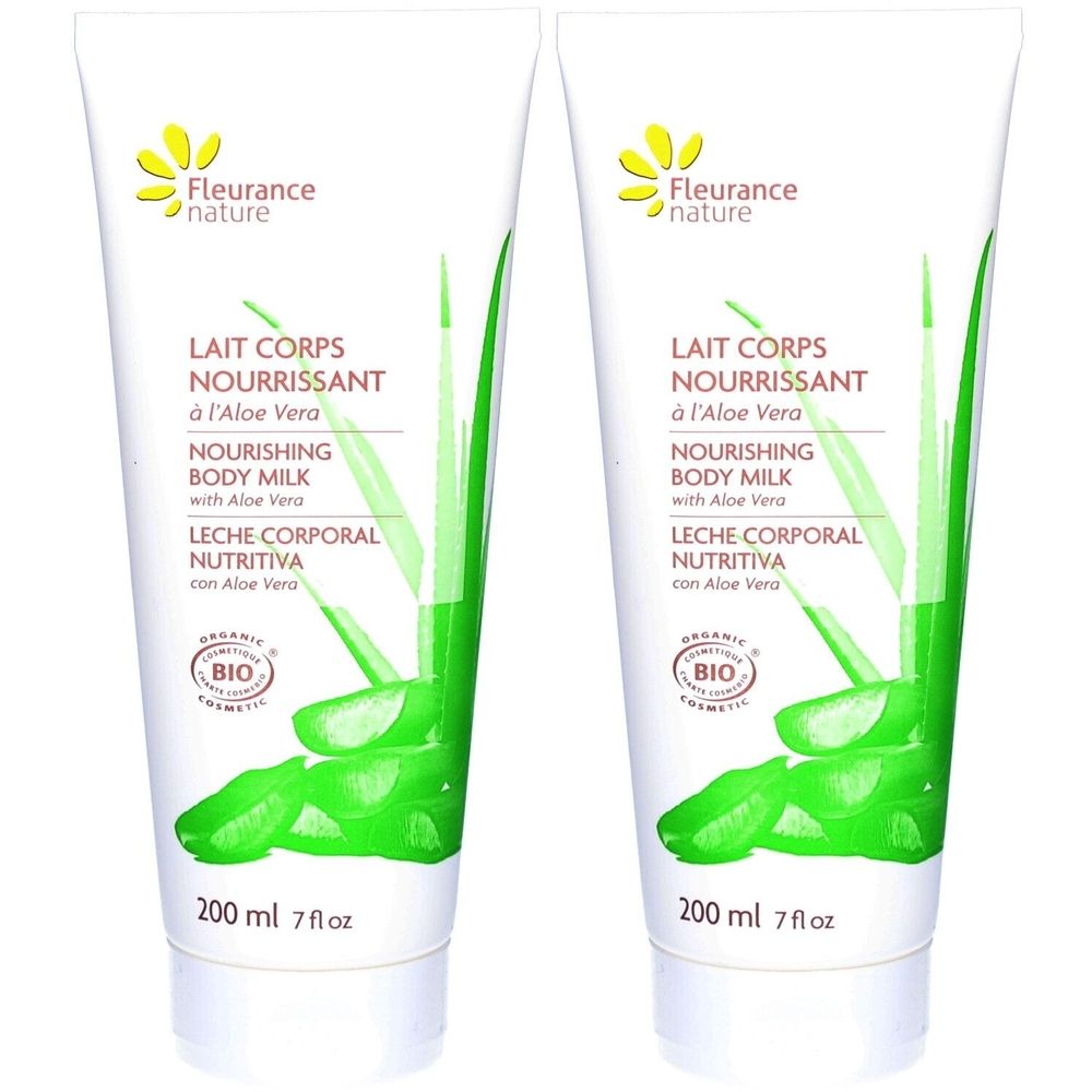 Zwei Tuben Körperlotion. Aufschrift: Lait Corps Nourrissant à l'Aloe Vera. Mit Bio-Siegel. 200 ml.