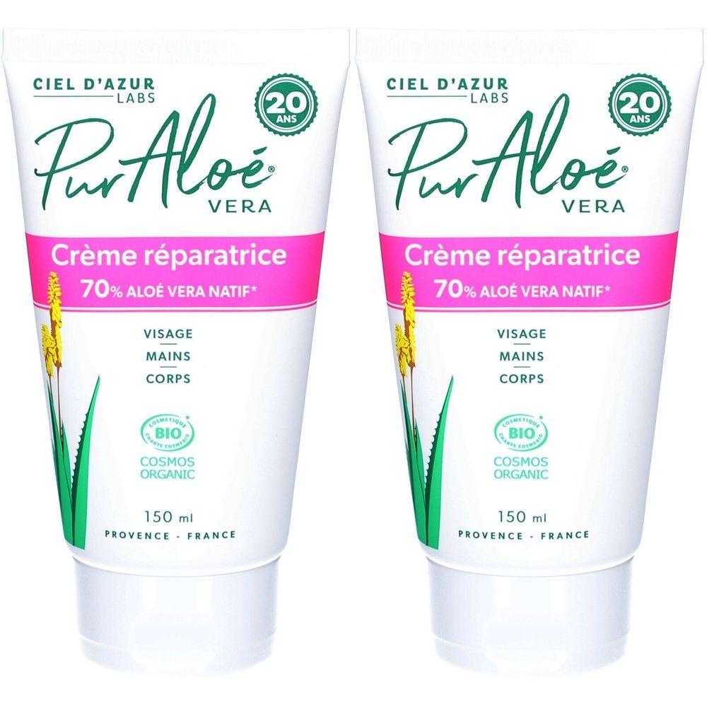 Zwei Tuben CIEL D'AZUR PurAloeé reparierende Creme, 70% Aloe Vera Nativ, 150 ml.