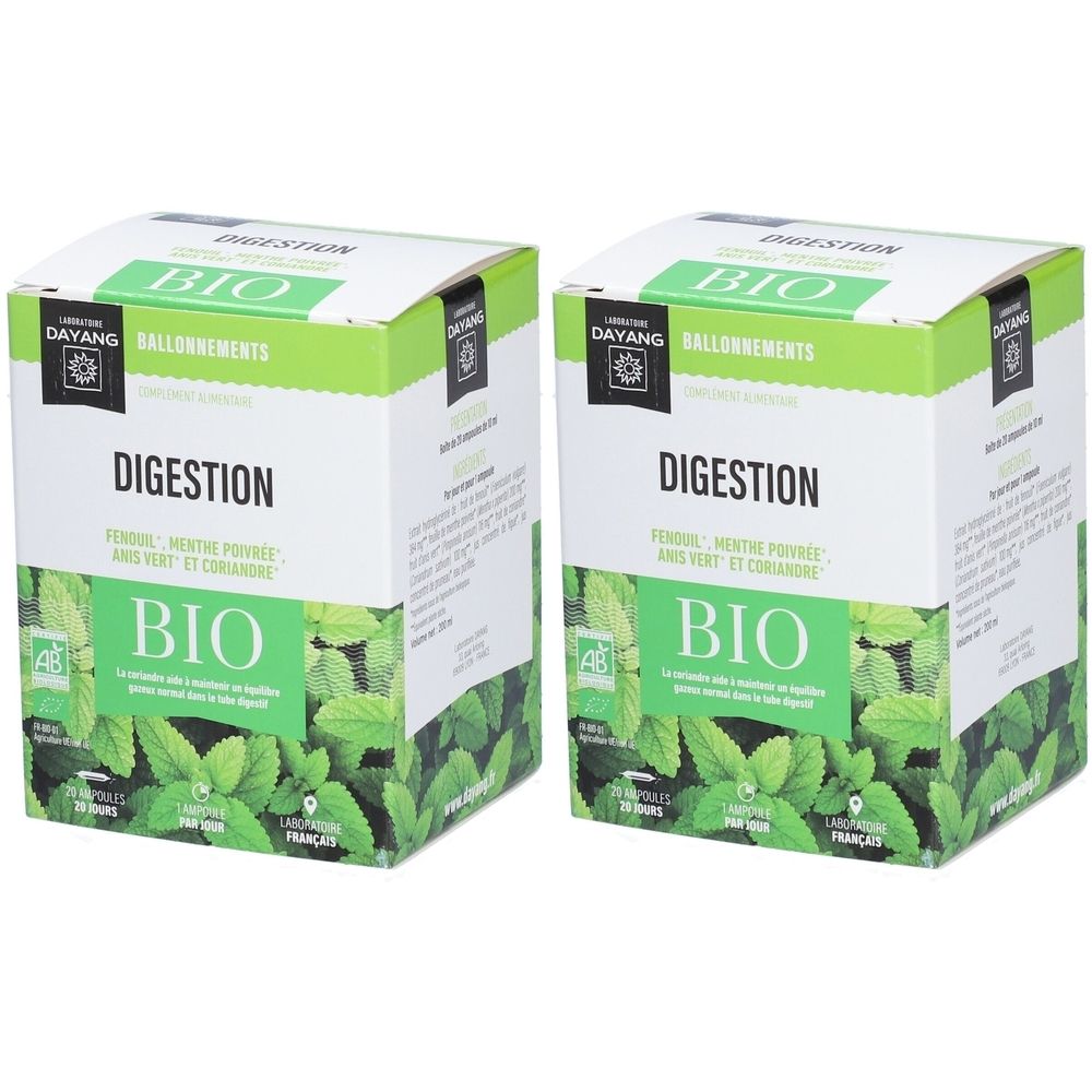 Deux boîtes "DIGESTION BIO". Emballage vert et blanc avec logo et texte. Certification AB.