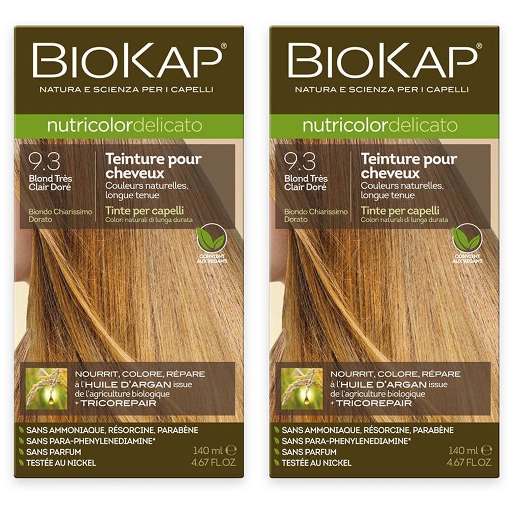 Zwei Packungen BIOKAP Nutricolor Delicato Haarfarbe 9.3 Sehr helles Goldblond. Ohne Ammoniak, Resorcin, Parabene.