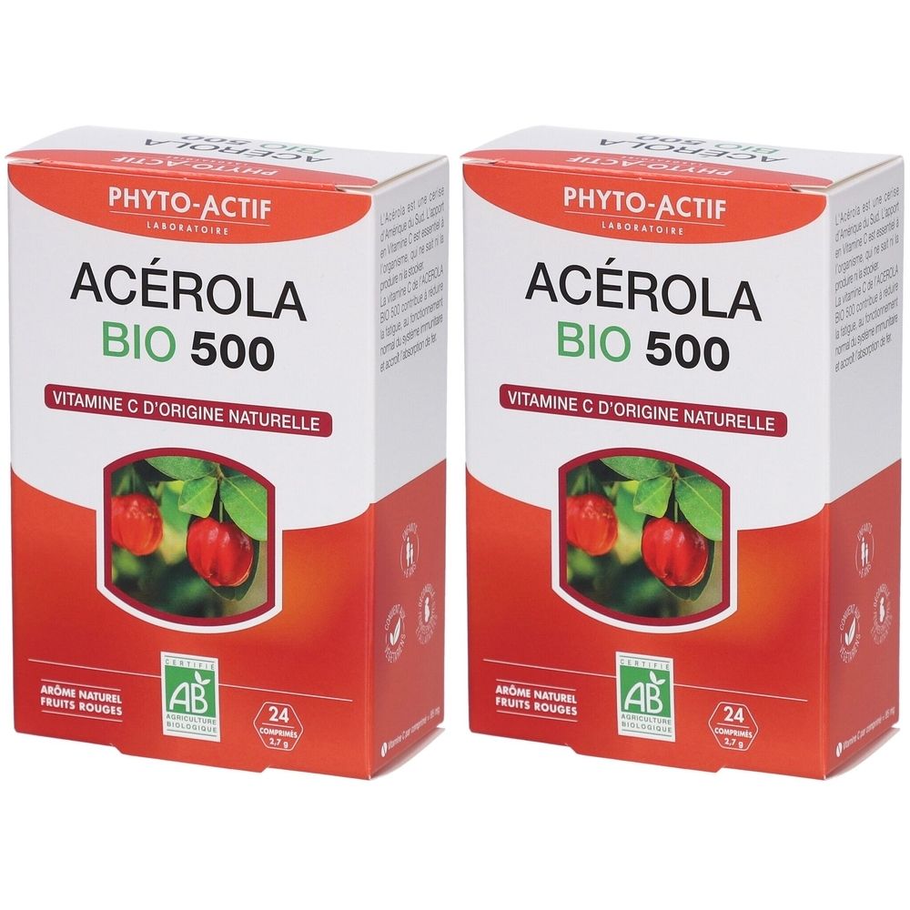 Deux boîtes ACÉROLA BIO 500. Contient de la vitamine C. Label AB Bio. Emballage rouge et blanc.