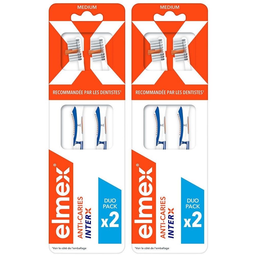 Zwei Elmex InterX Zahnbürsten, Medium, im Duo-Pack.
