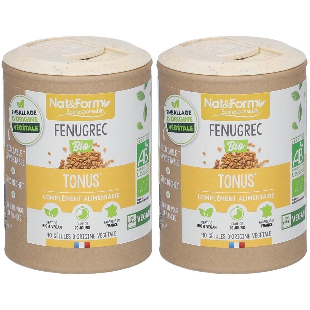 Zwei zylindrische Behälter mit der Aufschrift "Nat & Form Fenugrec Bio". Aufschrift "TONUS" und "COMPLEMENT ALIMENTAIRE".
