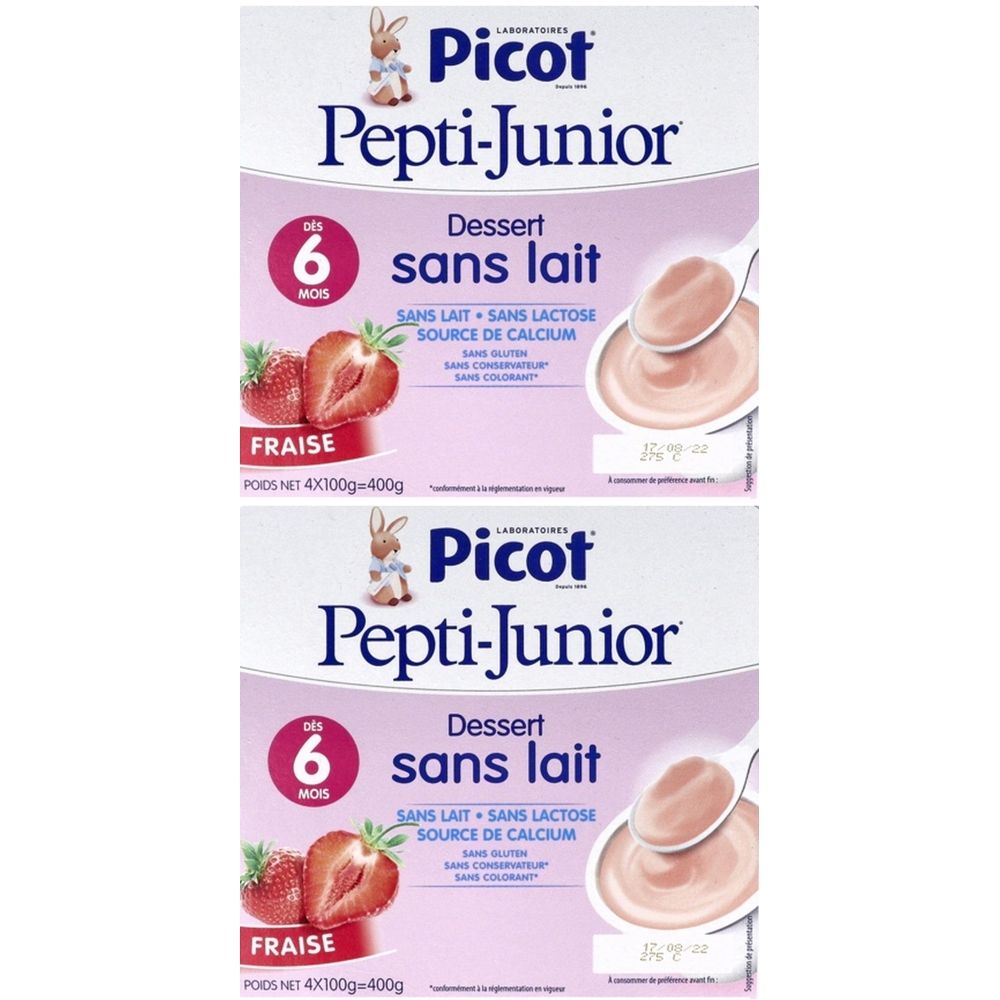 Verpackung von Picot Pepti-Junior Dessert ohne Milch, Erdbeergeschmack. Mit Logo, Text und Erdbeeren.