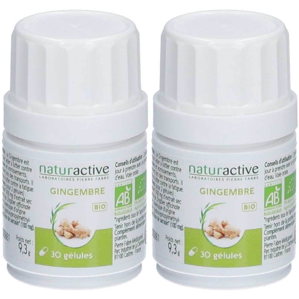Deux flacons blancs avec bouchon à vis. Inscription: Naturactive Gingembre, 30 gélules, label Bio.