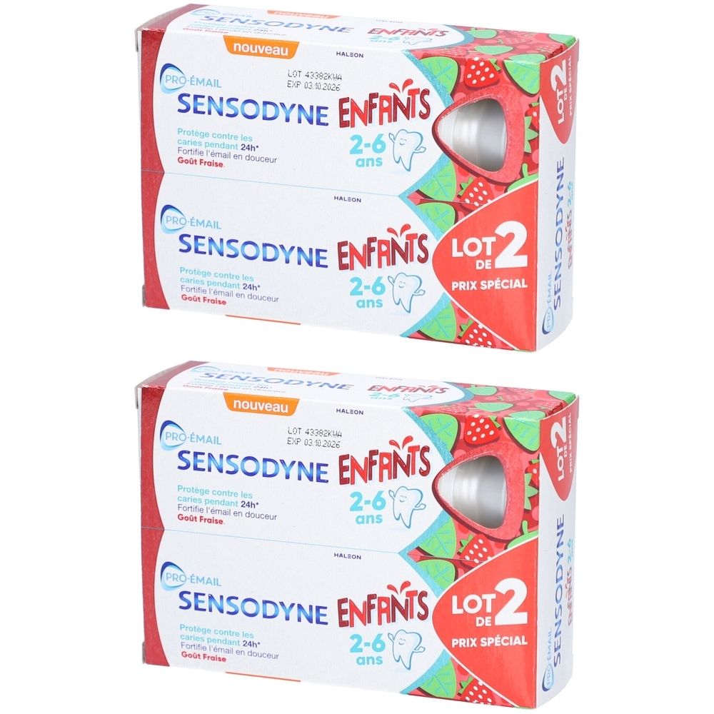 Deux paquets de dentifrice Sensodyne Enfants 2-6 ans, goût fraise.