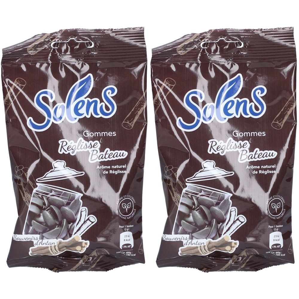 Zwei Beutel SOLENS Gommes Réglisse Bateau. Braune Verpackung mit Produktnamen und Abbildung von Lakritz-Bonbons.