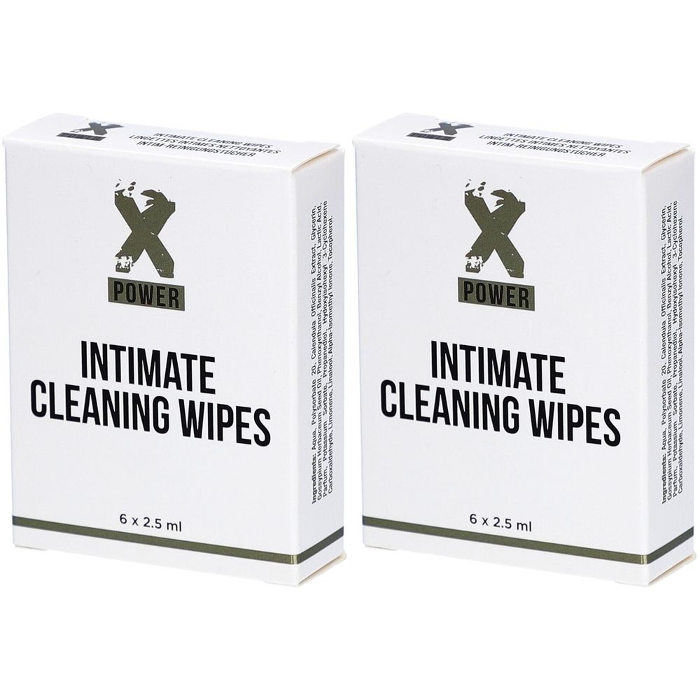 Deux boîtes blanches avec l'inscription "X POWER INTIMATE CLEANING WIPES". Chaque boîte indique "6 x 2,5 ml".