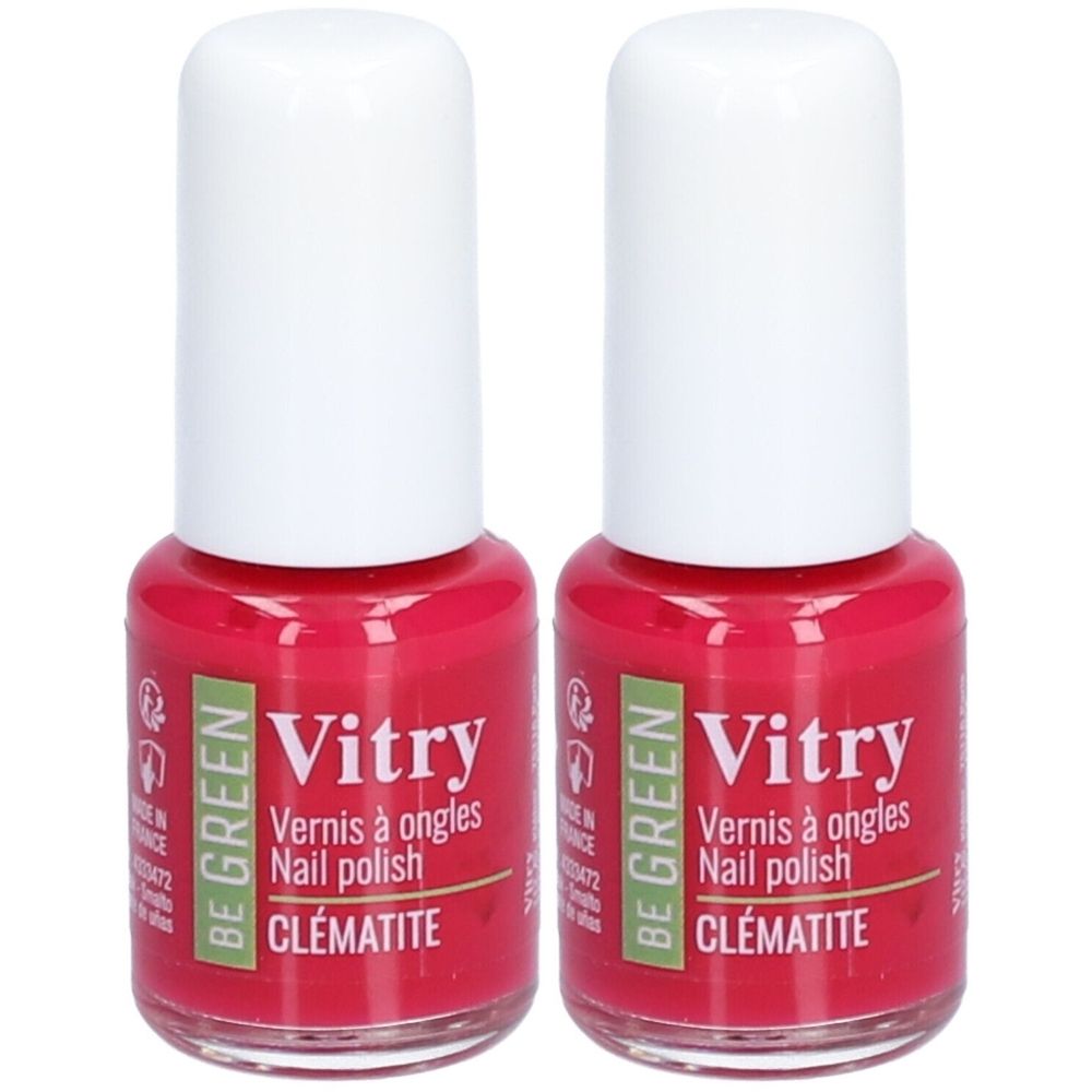 Zwei Flaschen Nagellack. Rote Flüssigkeit in Glasflaschen mit weißen Deckeln. Aufschrift: Vitry, Vernis à ongles, Nail polish, CLÉMATITE.