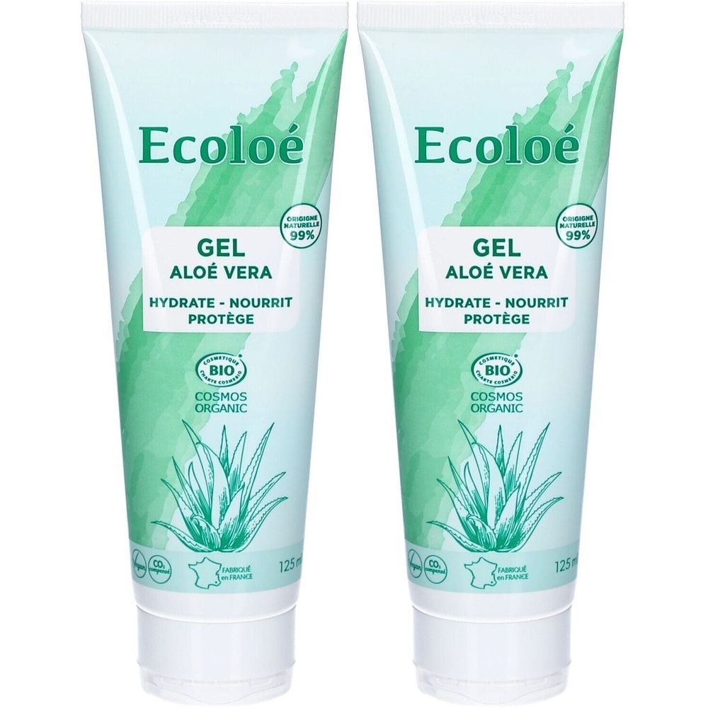 Deux tubes de gel Ecoloé Aloe Vera. Inscription: GEL ALOÉ VERA, HYDRATE - NOURRIT - PROTÈGE. Certification bio. 99%.