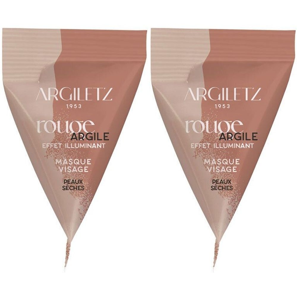 Zwei dreieckige Beutel. Aufdruck: ARGILETZ, rouge, Argile, Masque Visage, Peaux Seches. Rosa-braune Farbgebung.