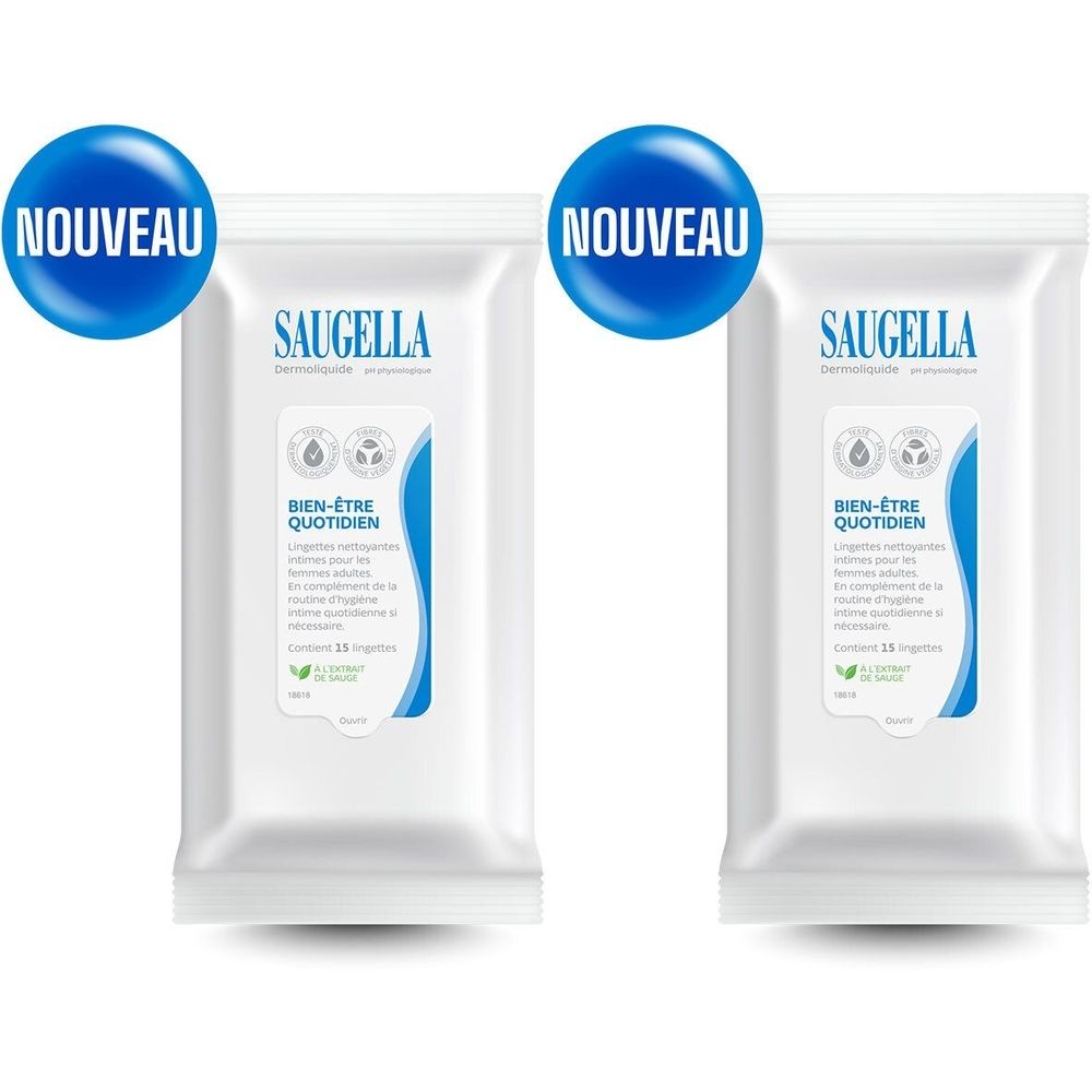 Deux paquets de Saugella Bien-Être Quotidien. Sachets blancs avec design bleu et texte. Boule bleue avec « NOUVEAU ».