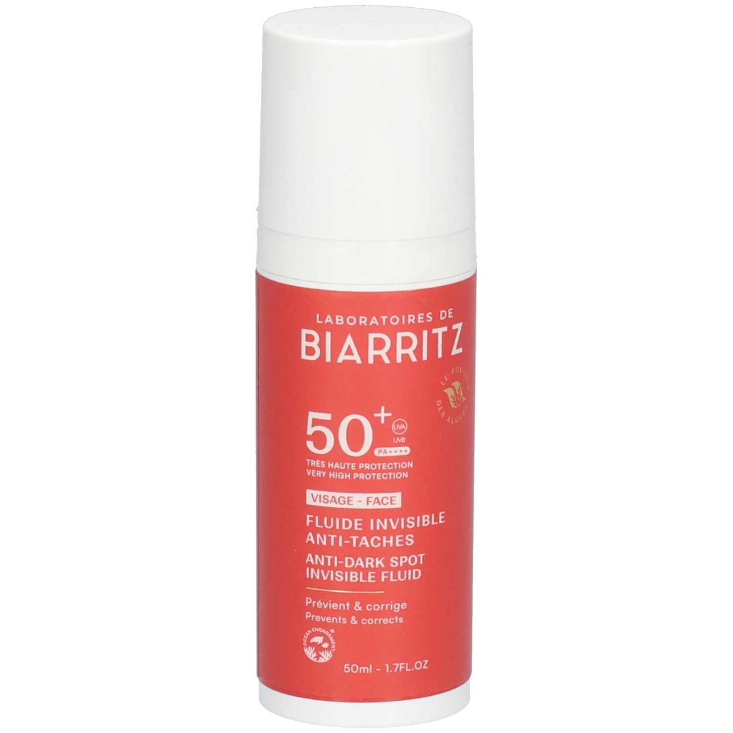 Flacon blanc et rouge. Texte: Laboratoires de Biarritz, 50+, Fluide invisible anti-taches. Protection solaire visage.
