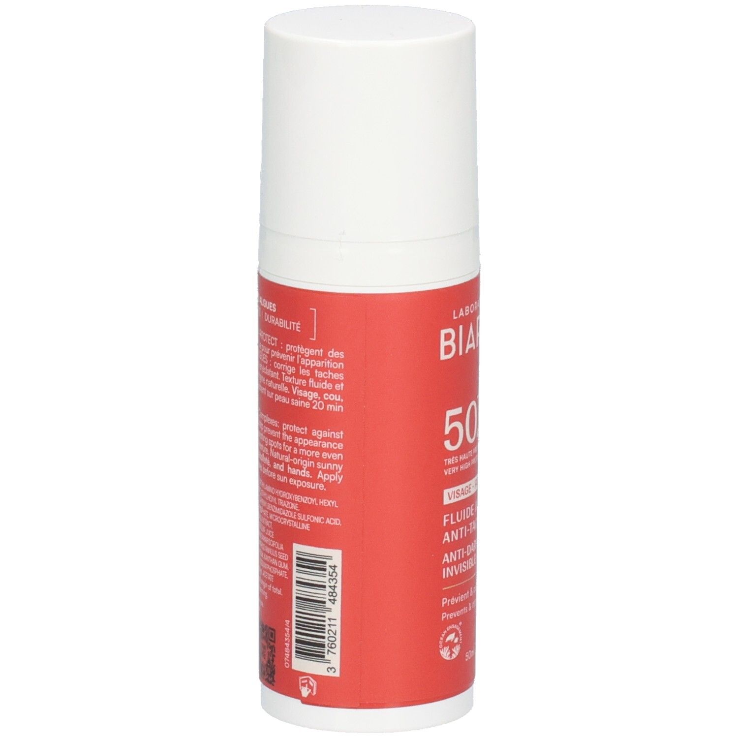 Dos du flacon blanc et rouge. Texte: informations produit, ingrédients, instructions d'utilisation.