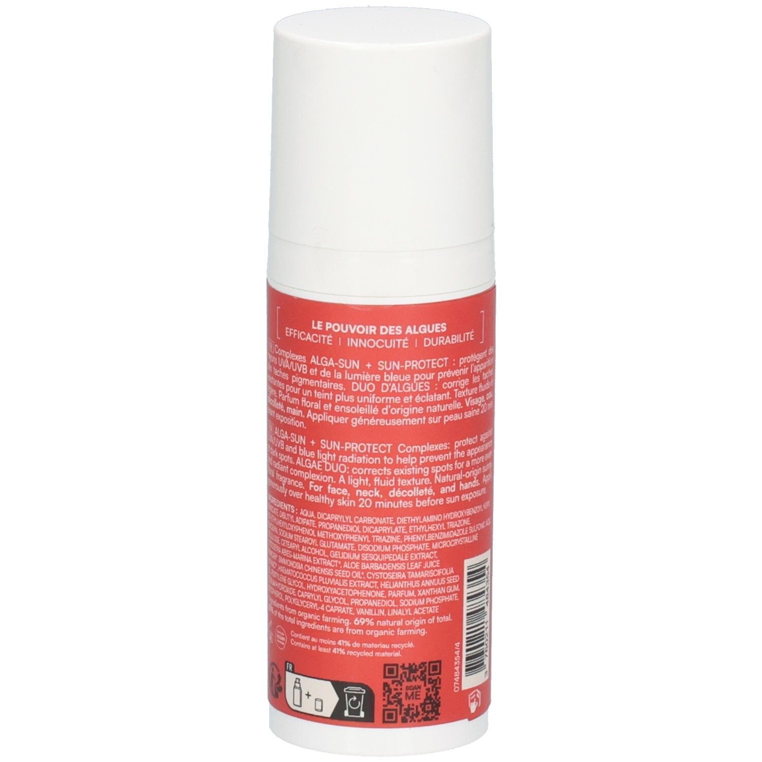Dos du flacon blanc et rouge. Texte: ingrédients, Duo d'algues, Alga-Sun + Sun Protect.