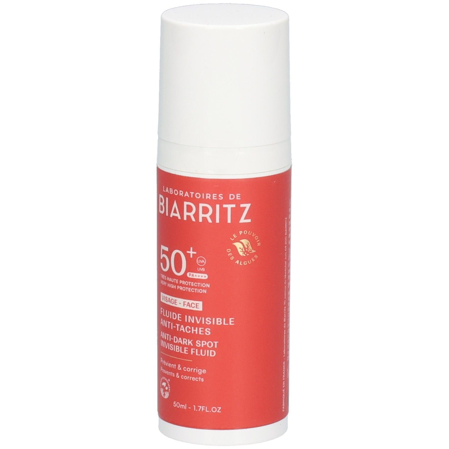 Flacon blanc et rouge. Texte: Laboratoires de Biarritz, 50+, Fluide invisible anti-taches. Protection solaire visage.