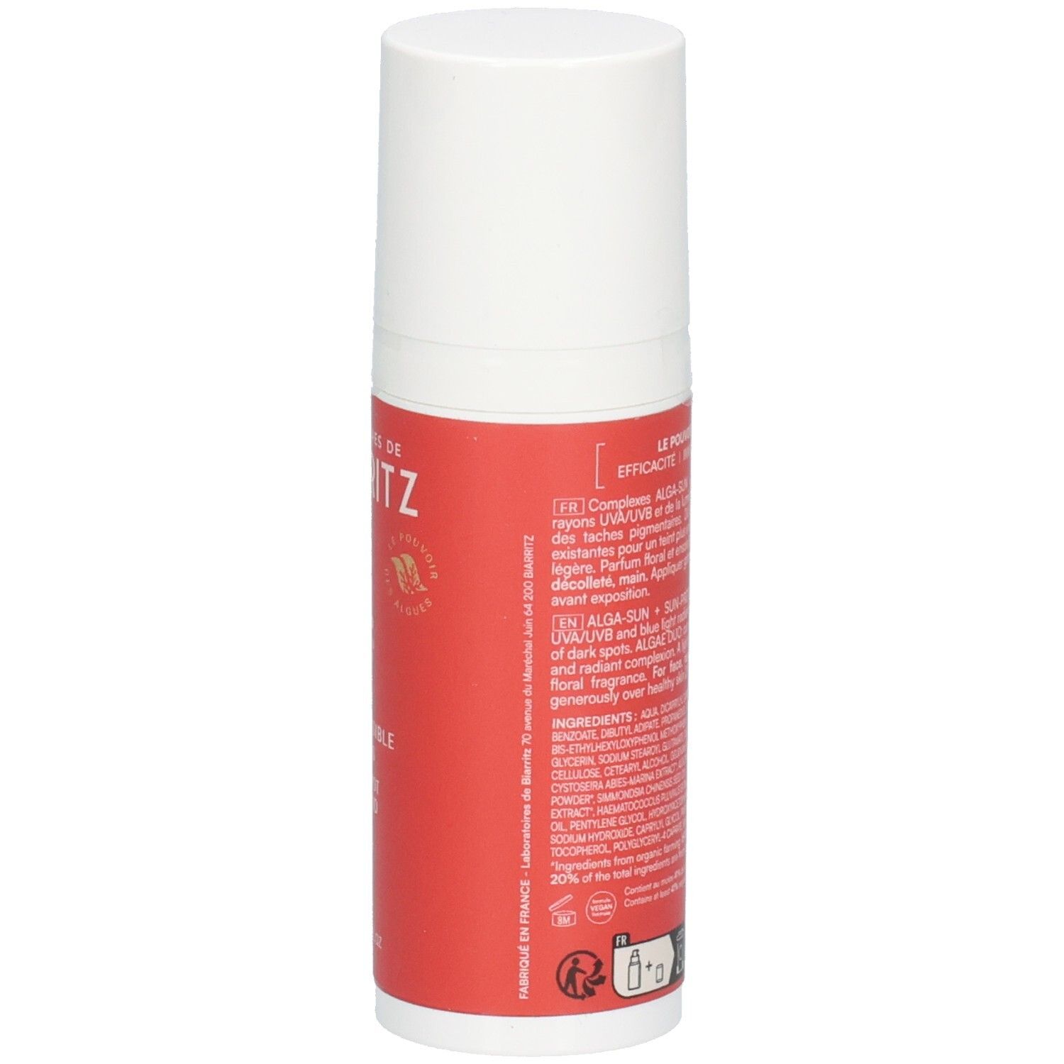Dos du flacon blanc et rouge. Texte: ingrédients, Duo d'algues, Alga-Sun + Sun Protect.