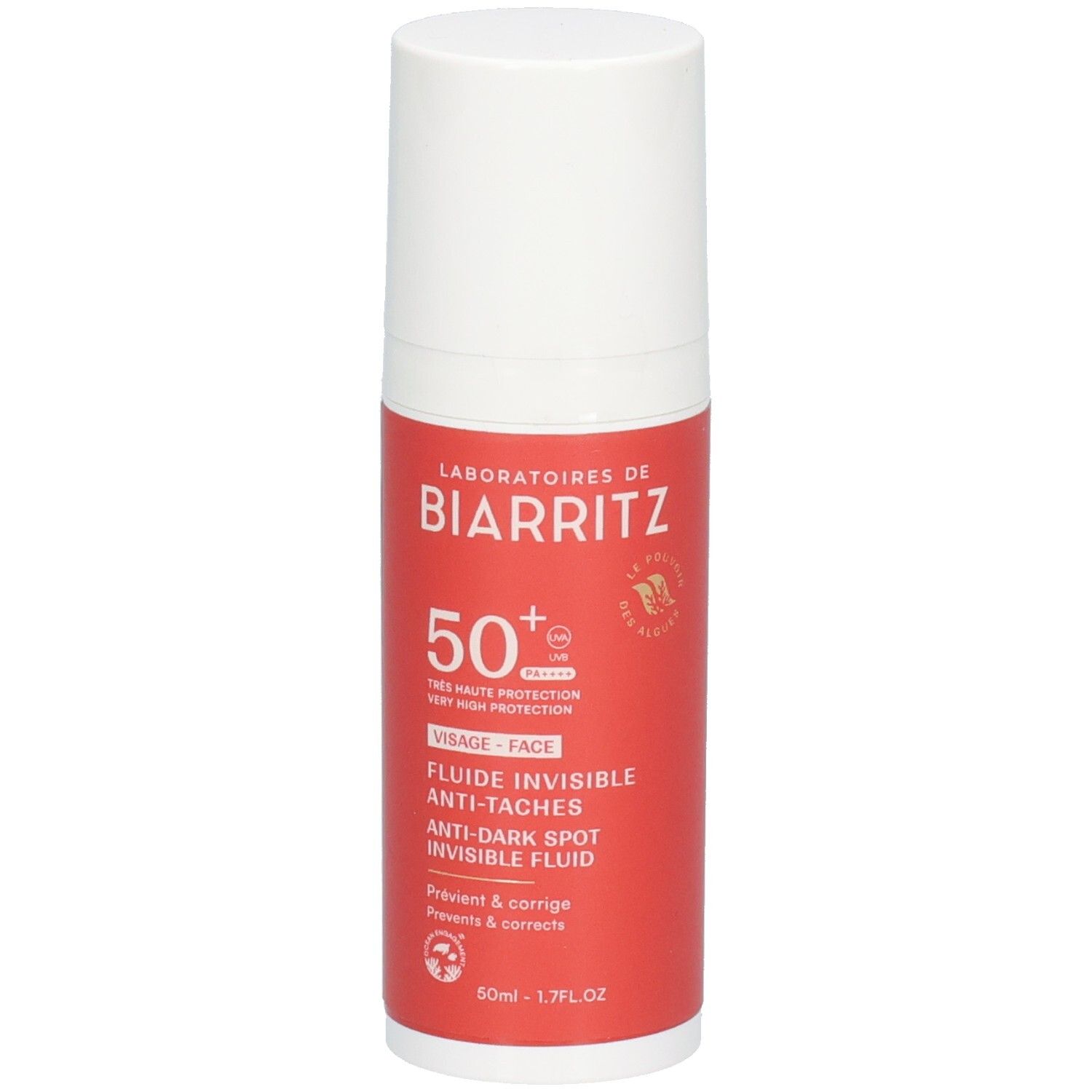 Flacon blanc et rouge. Texte: Laboratoires de Biarritz, 50+, Fluide invisible anti-taches. Protection solaire visage.