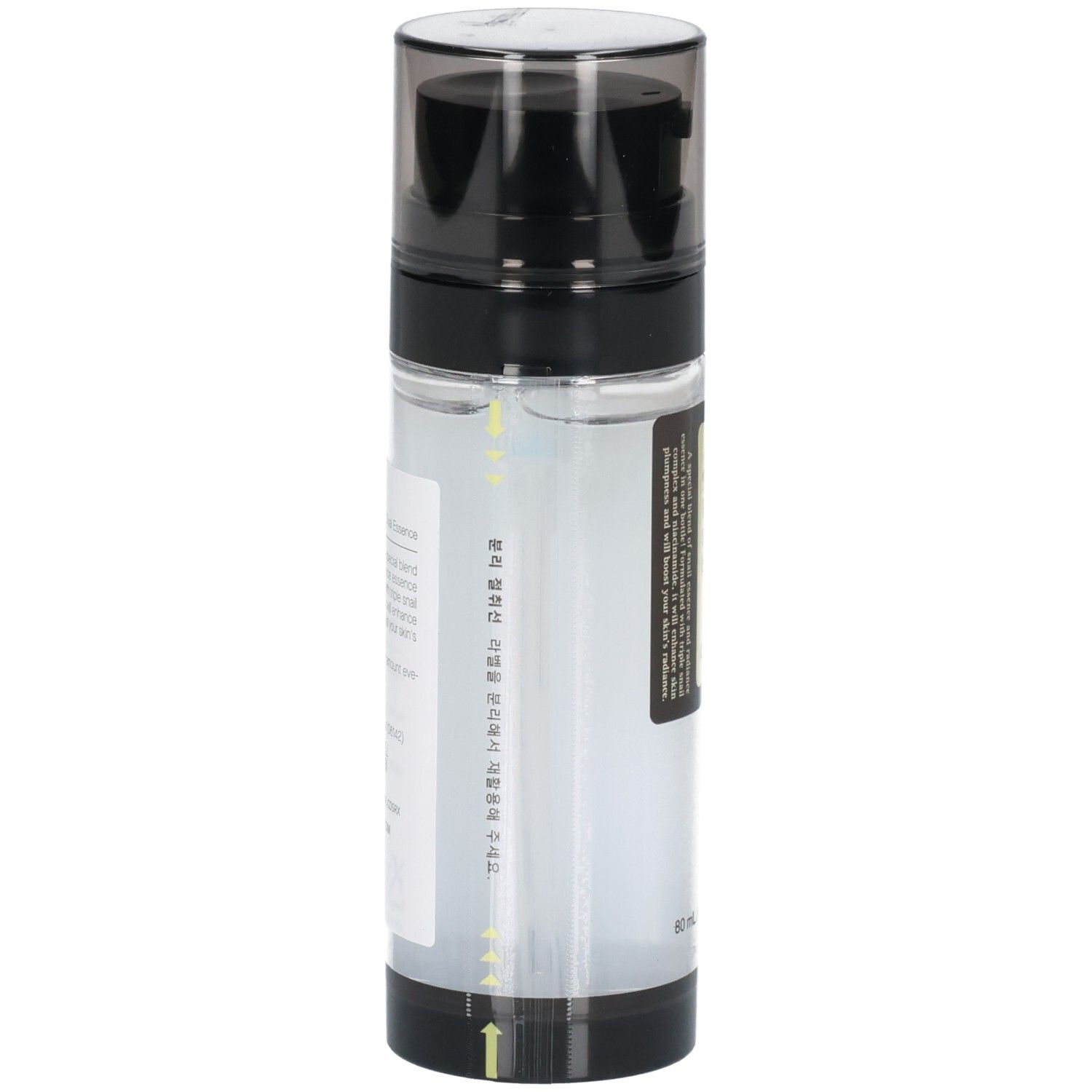 Cosrx Advanced Snail Radiance Dual Essence Flasche, Seitenansicht mit asiatischer Beschriftung.