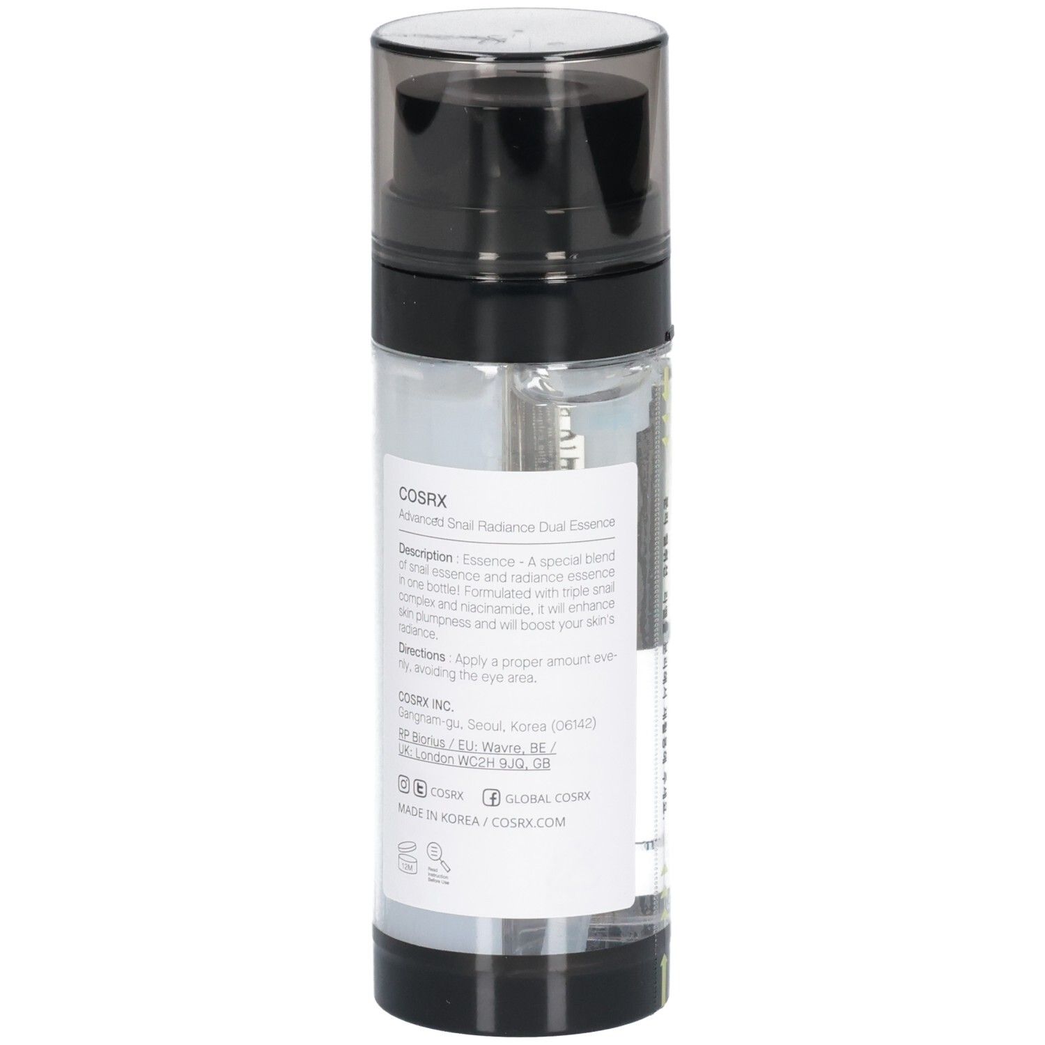 Cosrx Advanced Snail Radiance Dual Essence Flasche, Rückseite mit detaillierter Produktbeschreibung.