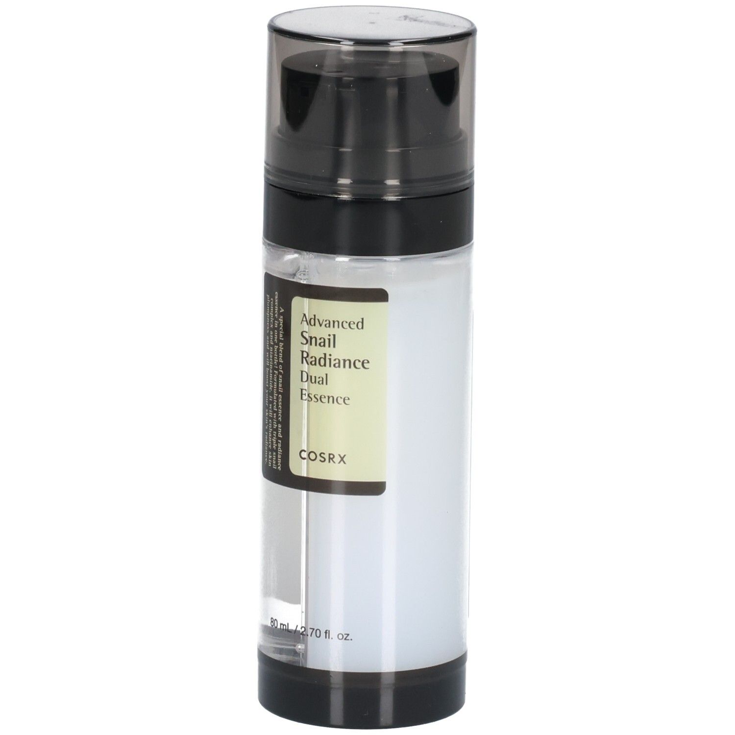 Cosrx Advanced Snail Radiance Dual Essence Flasche mit Pumpspender, Vorderansicht.