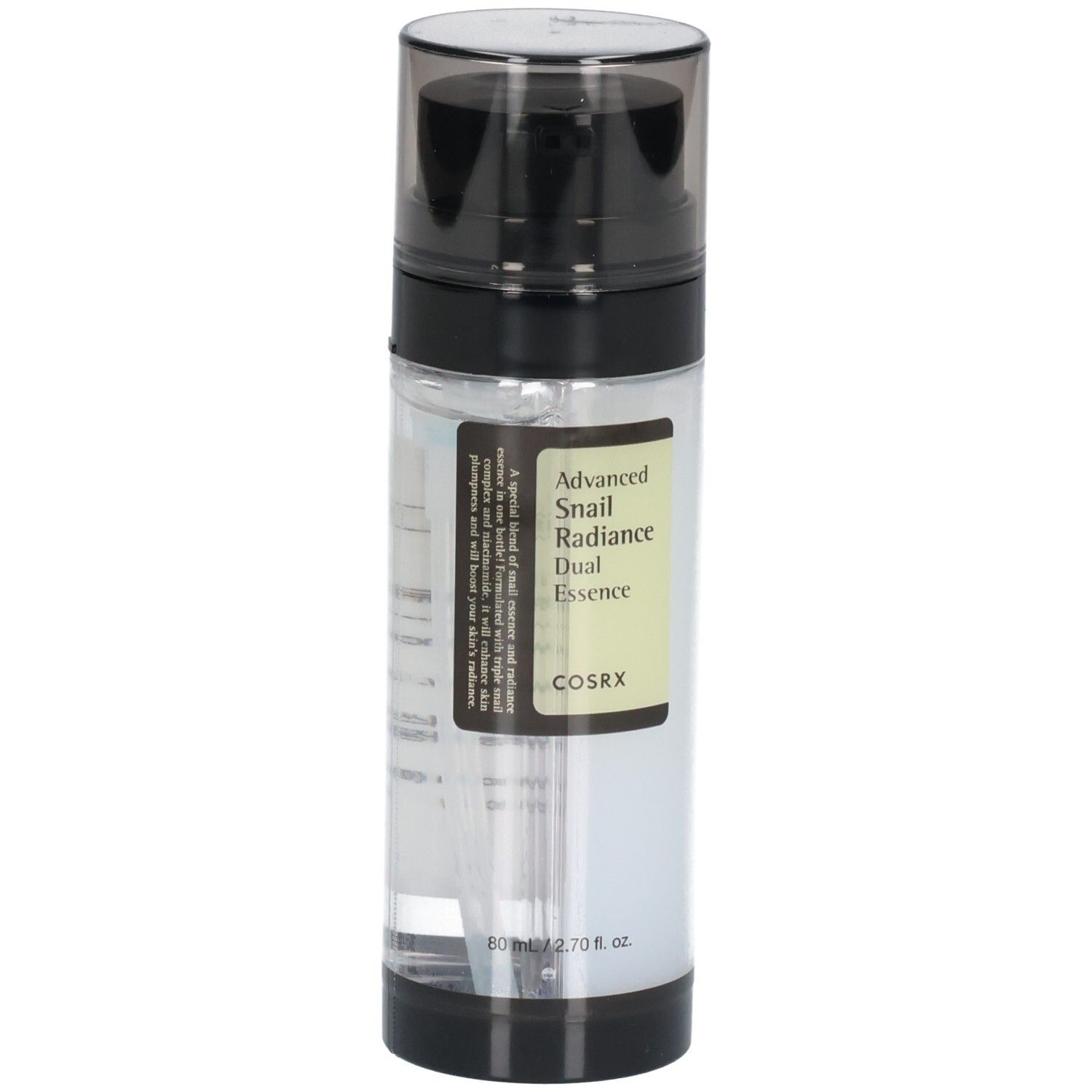 Cosrx Advanced Snail Radiance Dual Essence Flasche, Vorderansicht mit Etikett.