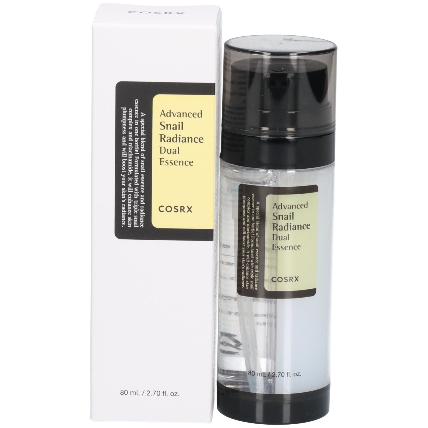 Cosrx Advanced Snail Radiance Dual Essence Flasche und Verpackungsbox.