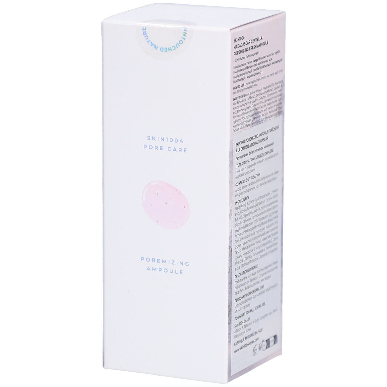 Verpackung mit Produktinformationen. Text: SKIN1004, Pore Care, Poremizing Ampoule.
