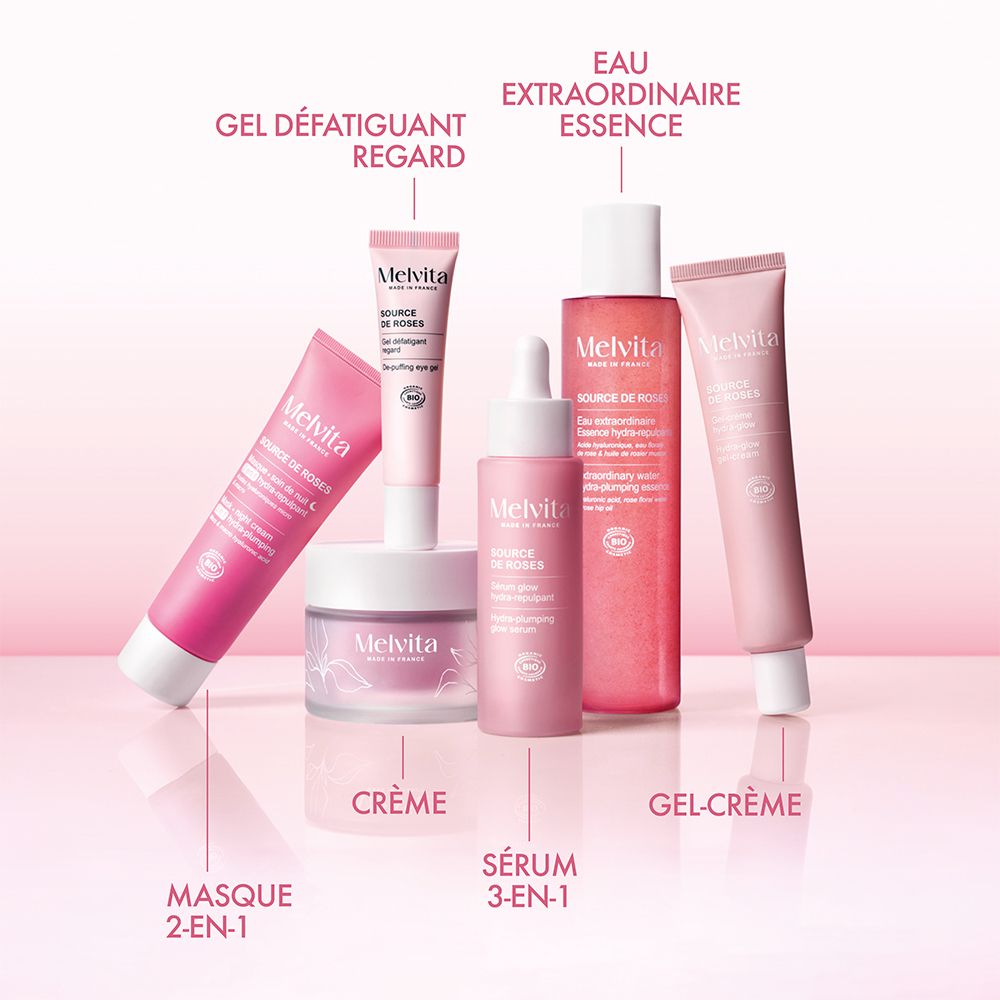 Verschiedene Melvita Produkte. Serum, Creme, Gel-Creme, Maske, Essenz.