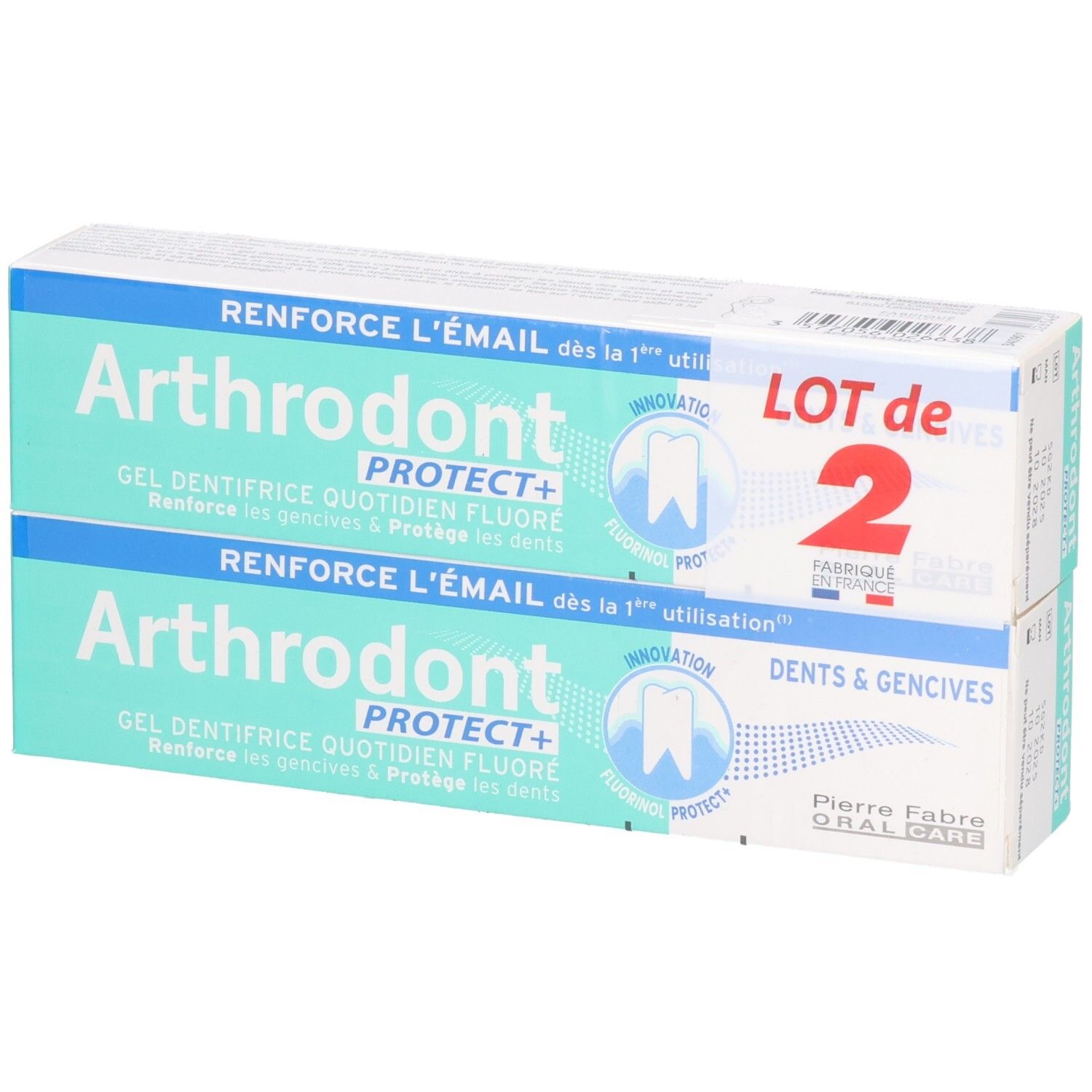 Zwei Packungen Zahngel. Aufschrift: Arthrodont Protect+. Lot de 2. Pierre Fabre Oral Care.