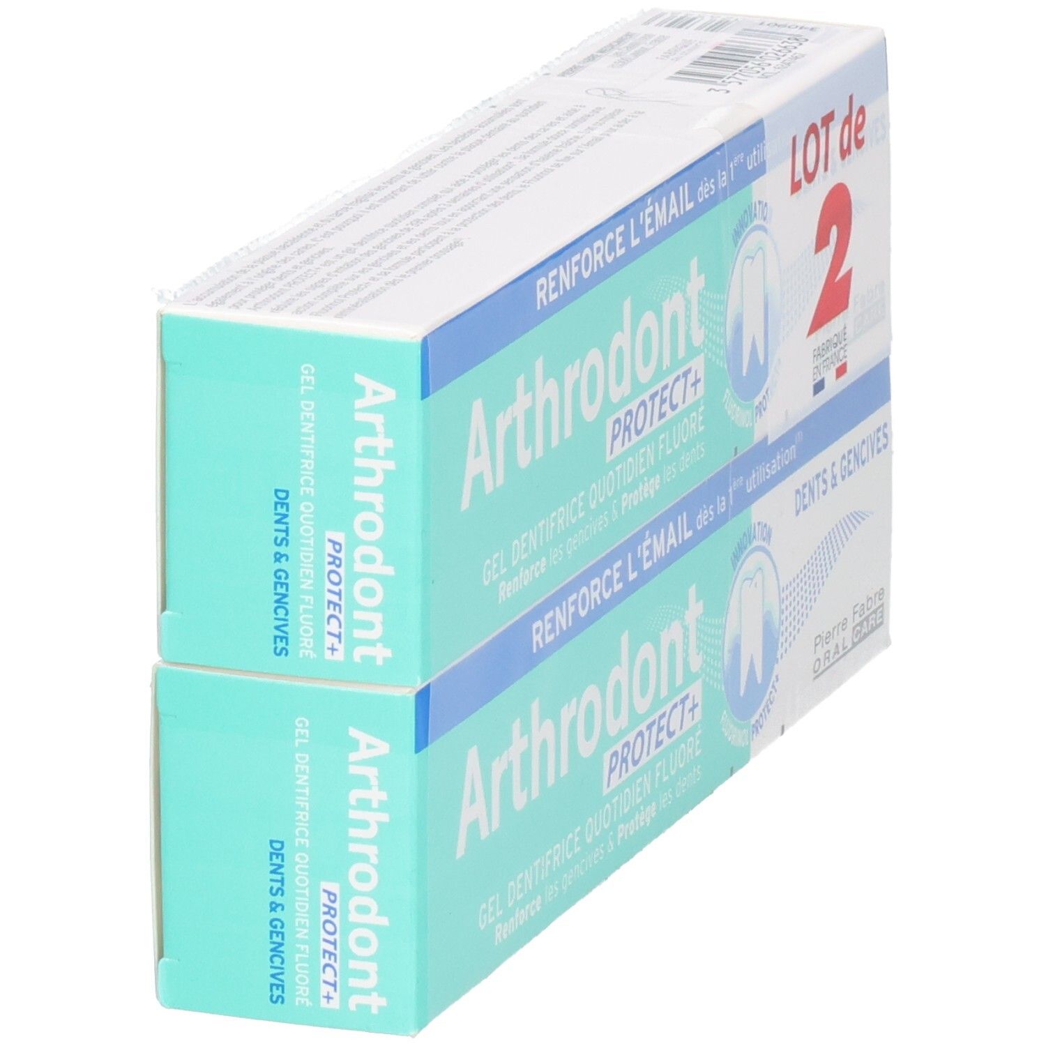 Zwei Packungen Zahngel. Aufschrift: Arthrodont Protect+. Pierre Fabre Oral Care.