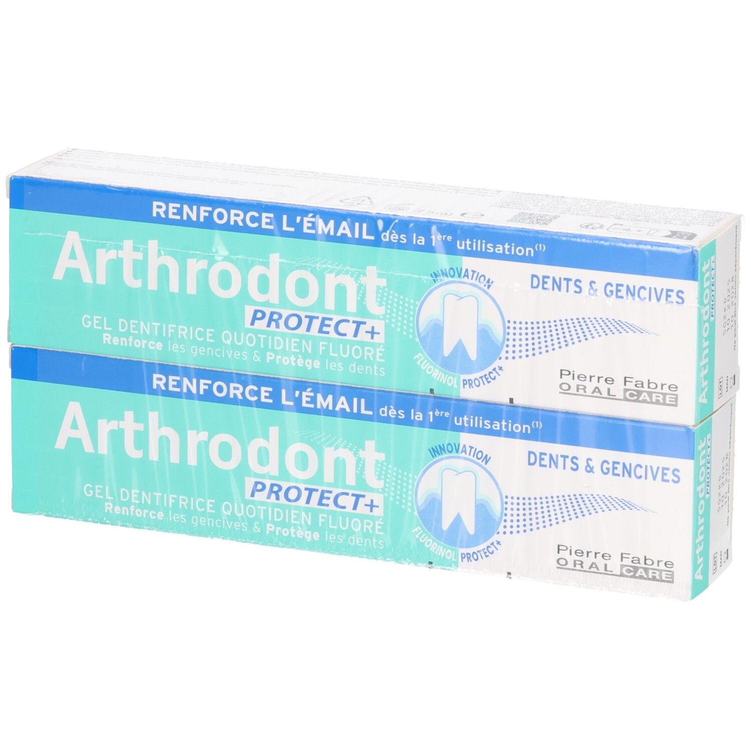 Zwei Packungen Zahngel. Aufschrift: Arthrodont Protect+. Pierre Fabre Oral Care.
