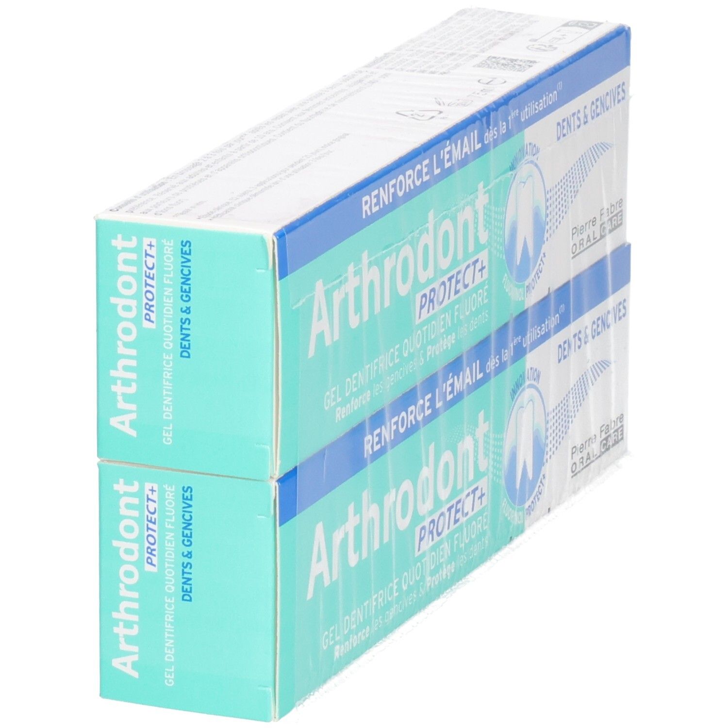 Zwei Packungen Zahngel. Aufschrift: Arthrodont Protect+. Pierre Fabre Oral Care.
