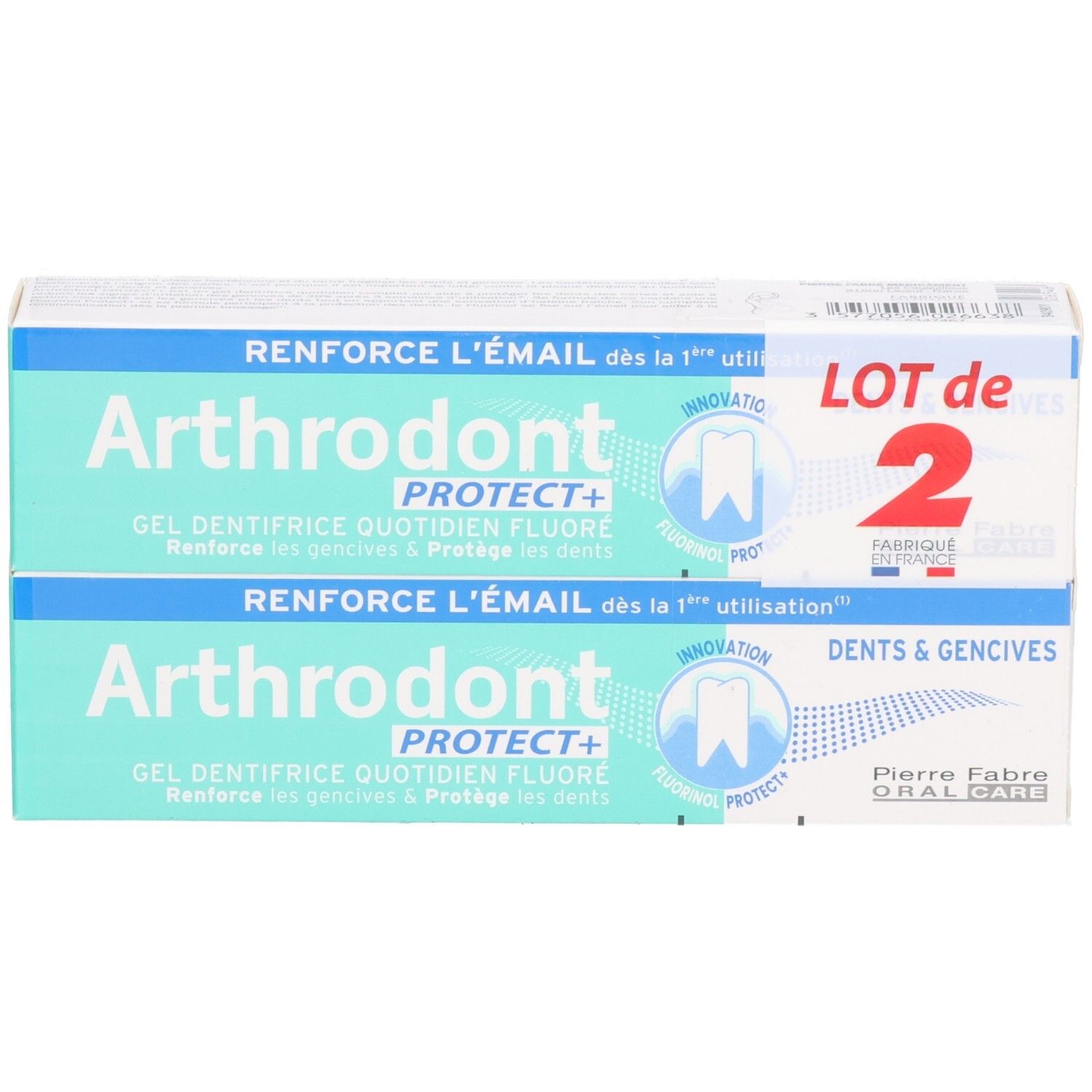 Zwei Packungen Zahngel. Aufschrift: Arthrodont Protect+. Lot de 2. Pierre Fabre Oral Care.