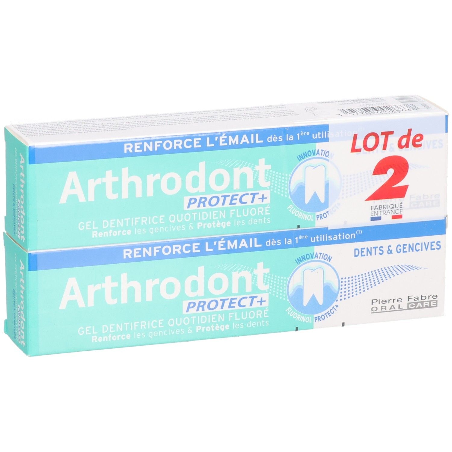 Zwei Packungen Zahngel. Aufschrift: Arthrodont Protect+. Lot de 2. Pierre Fabre Oral Care.