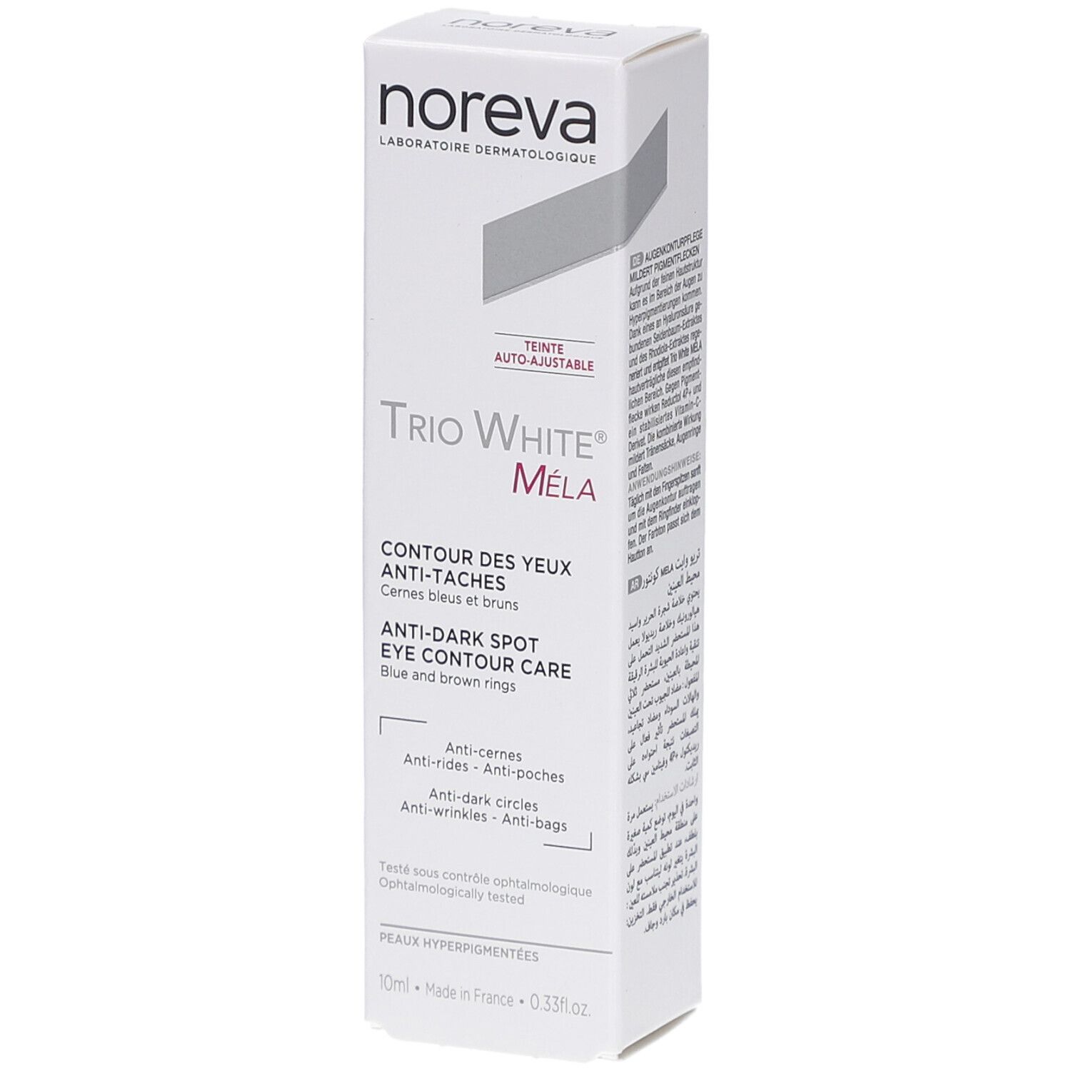 Boîte blanche. Inscription: Noreva, Trio White Méla, Contour des yeux anti-taches, Anti-Dark Spot Eye Contour Care.