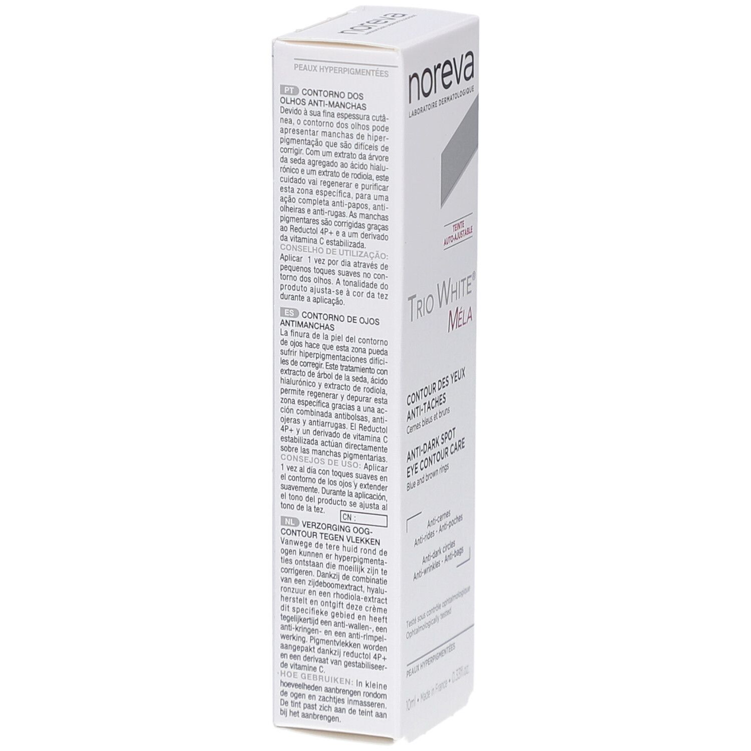 Boîte blanche, vue latérale. Texte: Noreva, Trio White Méla, Contour des yeux anti-taches, Anti-Dark Spot Eye Contour Care.