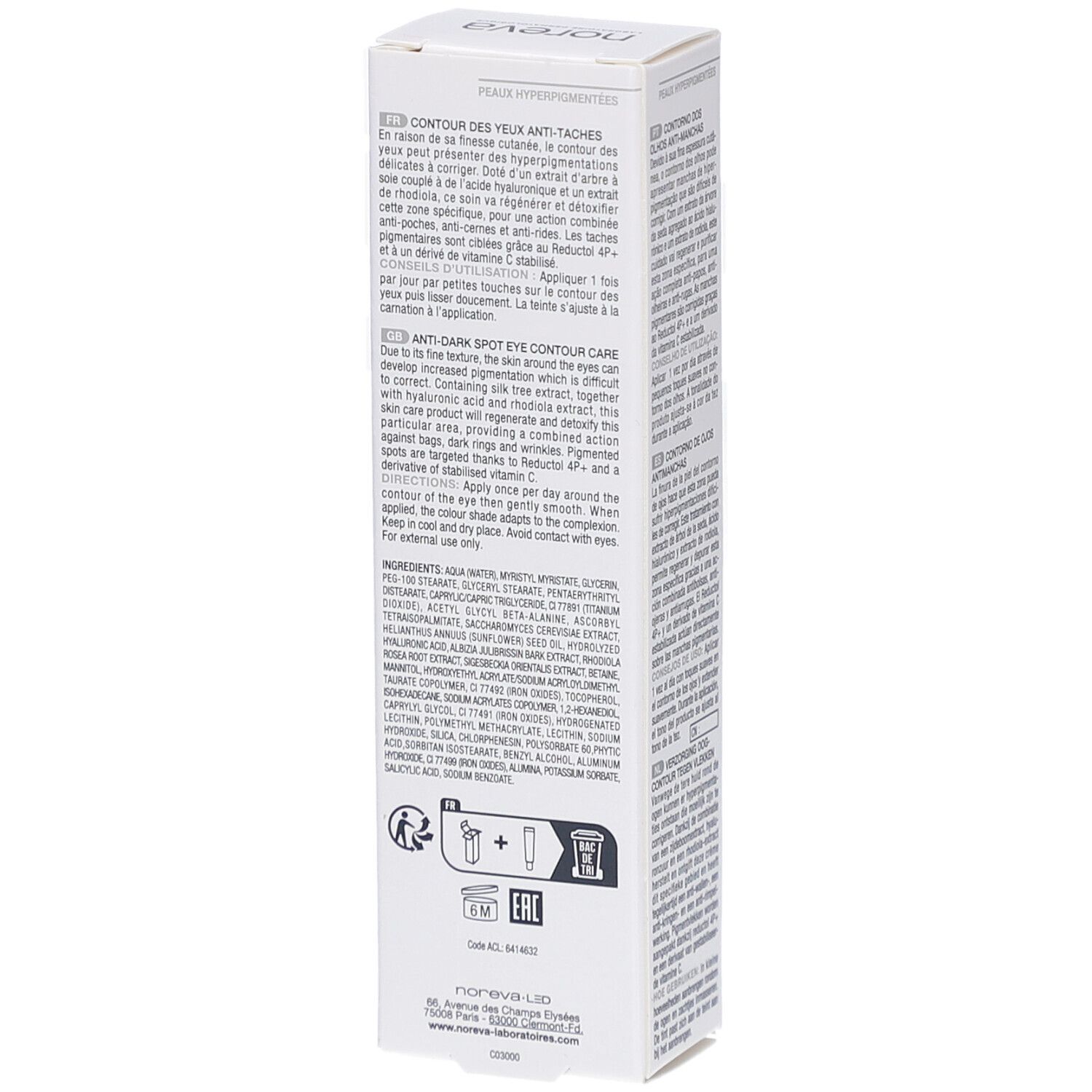 Boîte blanche, dos. Texte: ingrédients, instructions d'utilisation, certifications. Marque: Noreva.