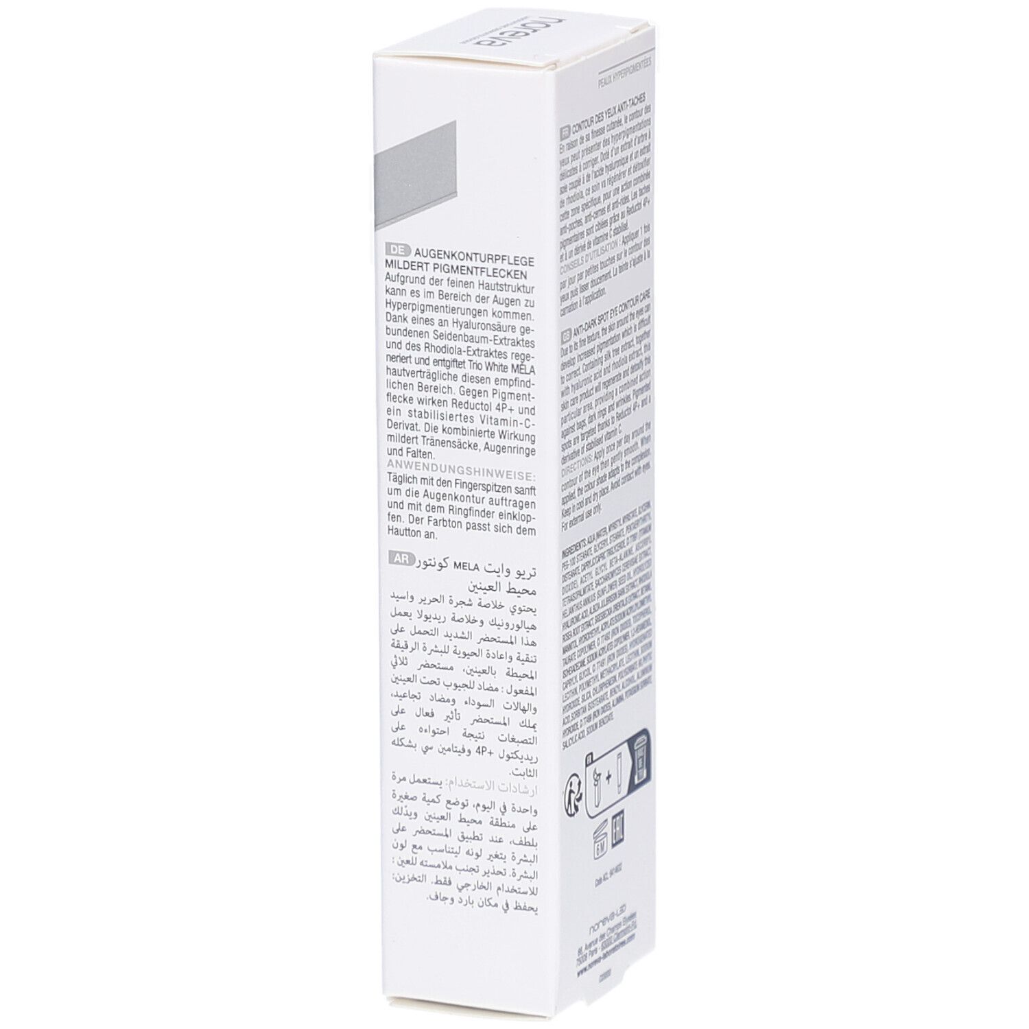 Boîte blanche, dos. Texte multilingue. Marque: Noreva. Produit: Soin contour des yeux.