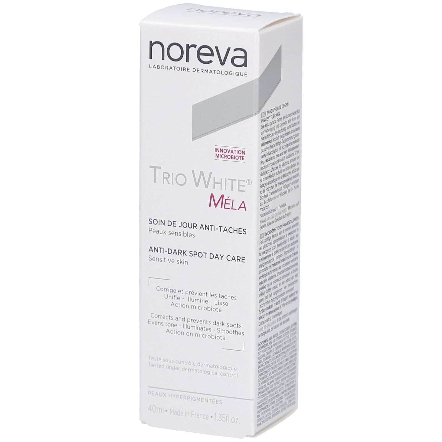 Weiße Produktverpackung mit Noreva-Logo und Trio White Méla. Text: Anti-Flecken-Tagespflege für empfindliche Haut.