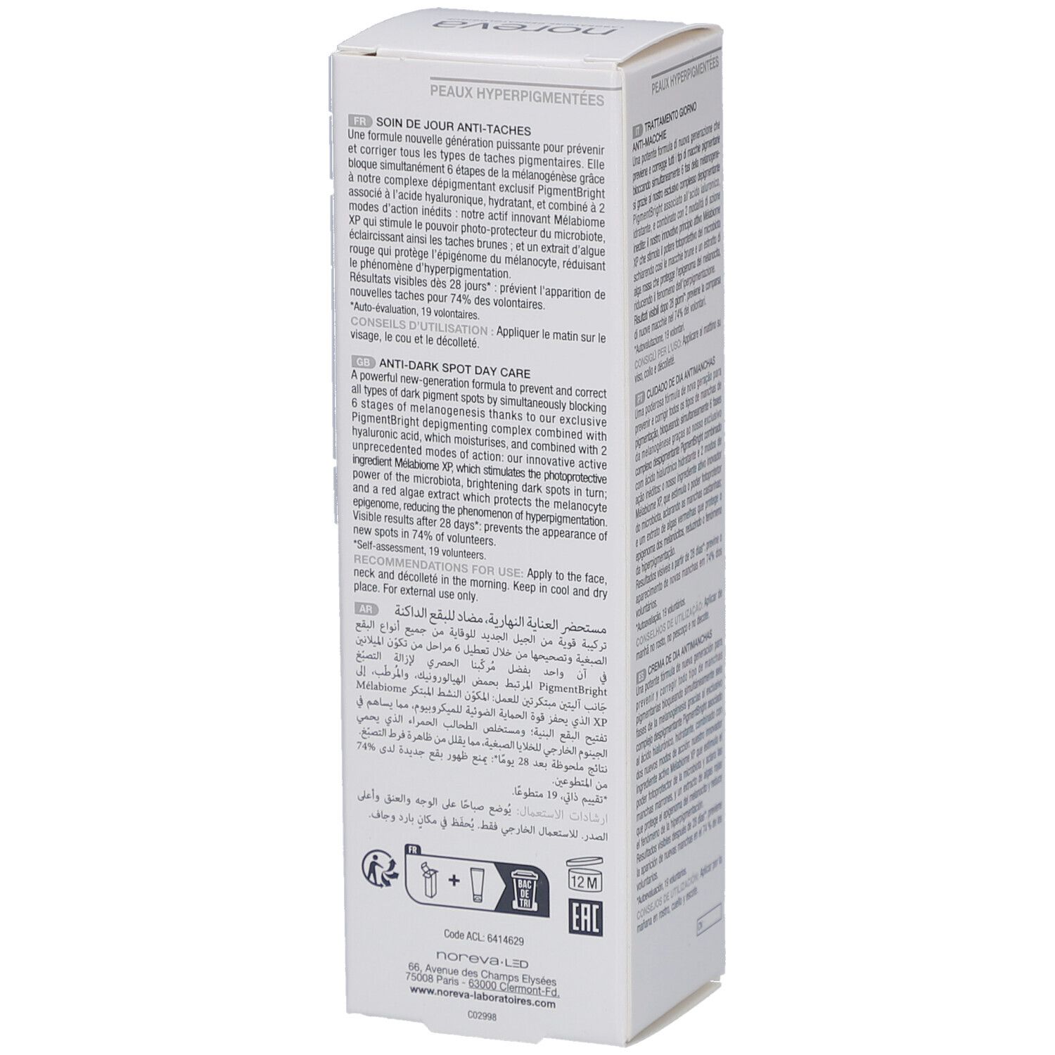 Seitenansicht der weißen Noreva Trio White Méla Verpackung. Text in französischer und arabischer Sprache.