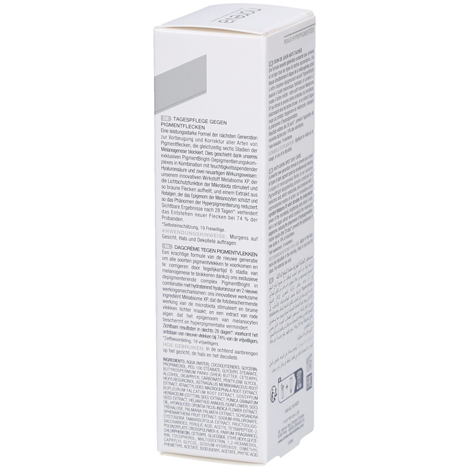 Seitenansicht der weißen Noreva Trio White Méla Verpackung. Text in deutscher Sprache. Inhaltsstoffe.