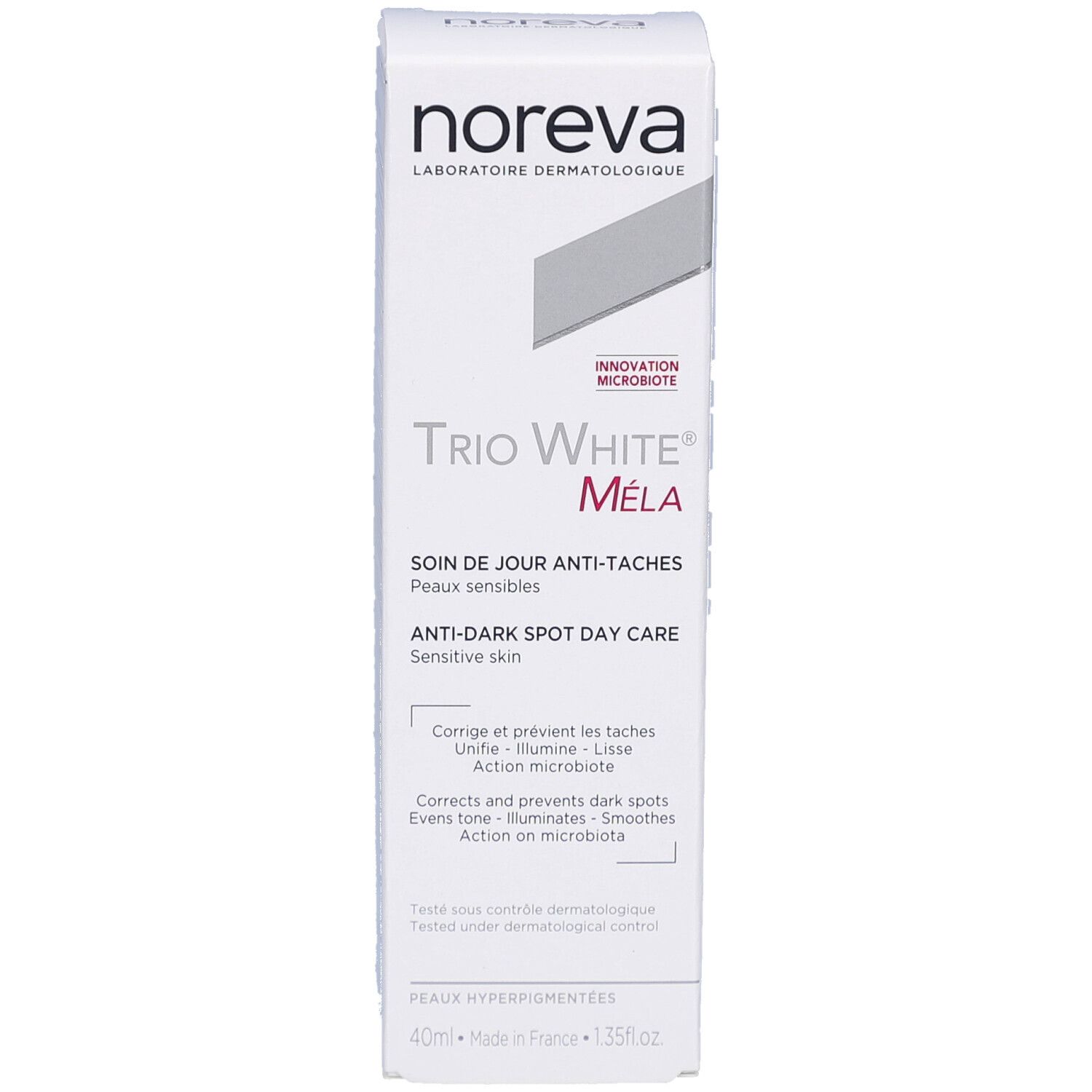 Weiße Produktverpackung mit Noreva-Logo und Trio White Méla. Text: Anti-Flecken-Tagespflege für empfindliche Haut.